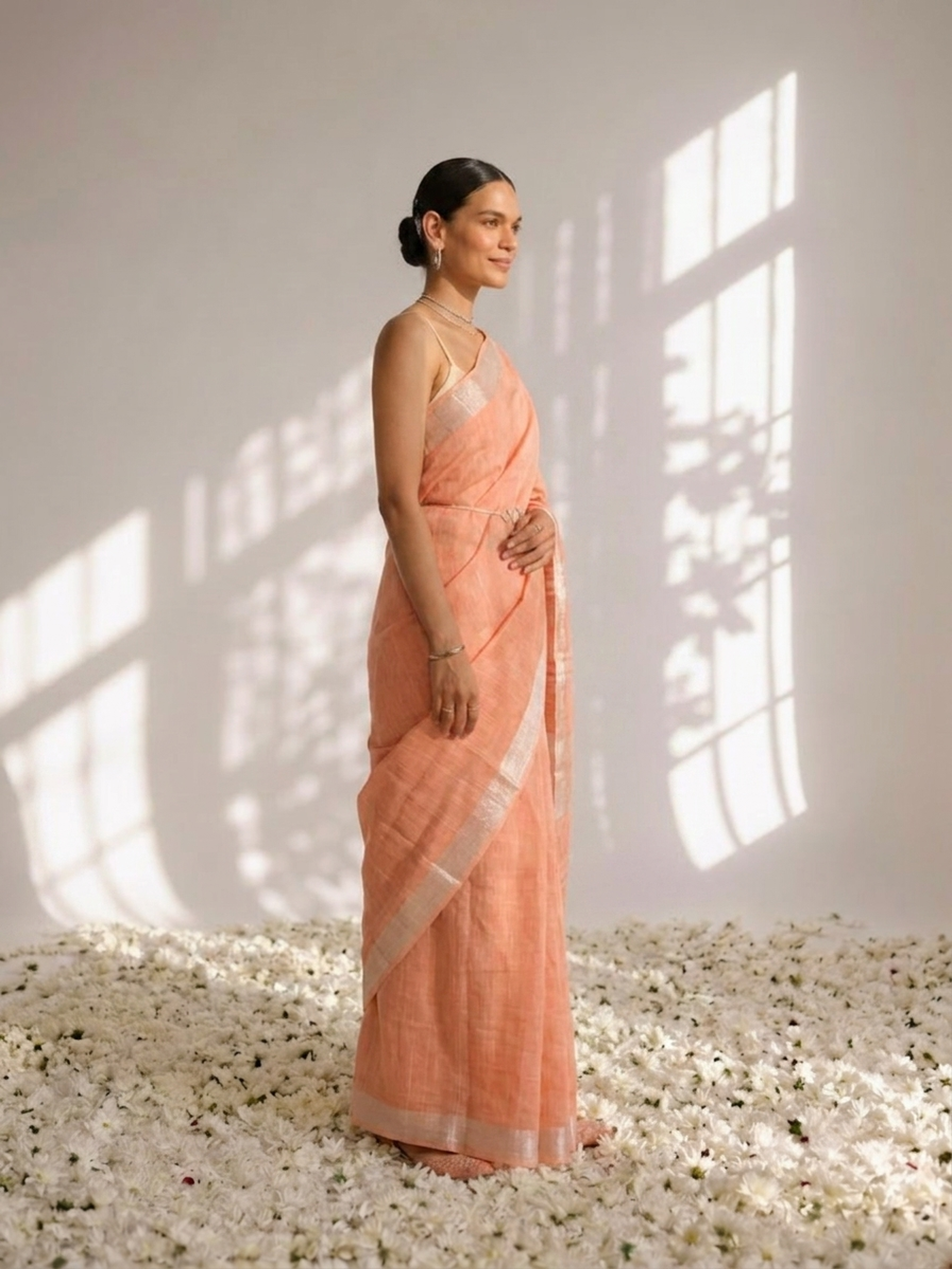 Peach Linen Saree with Self Blouse Fabric