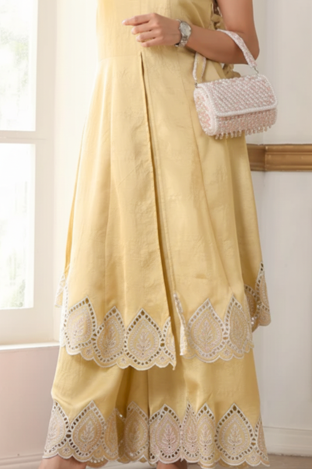 2 Pc Set - Sunshine Yellow Cotton Schiffli Embroidery Halter Neck Sleeveless Kurta with Plazzo