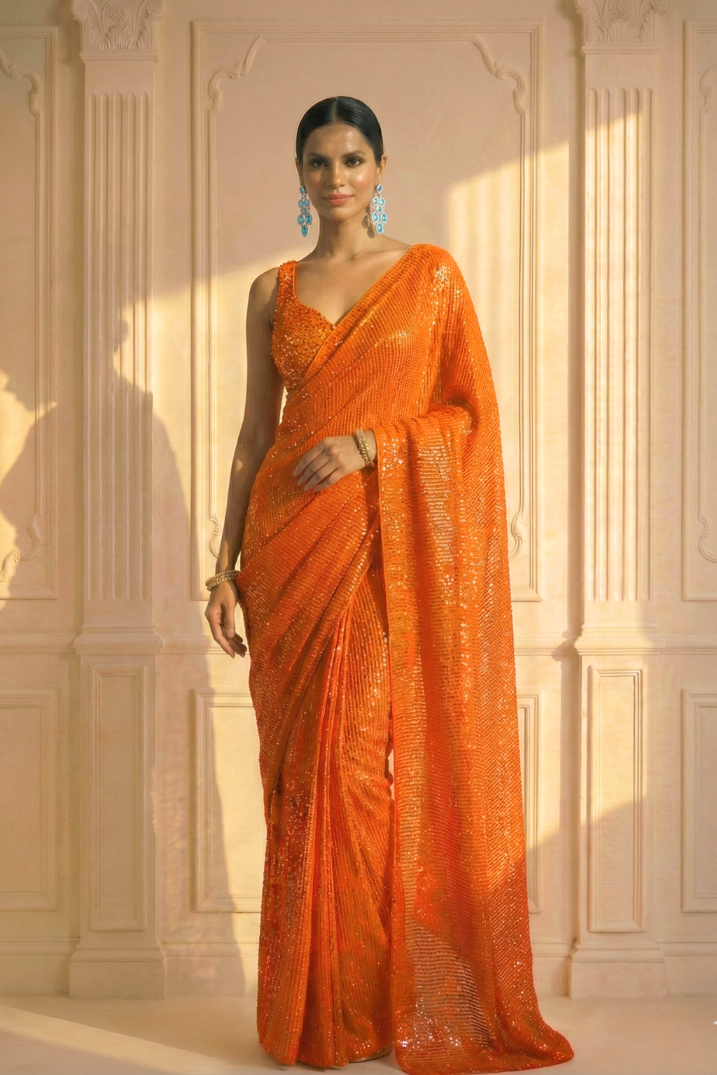 Tangerine Knitted Sequin Saree with Blouse Fabric