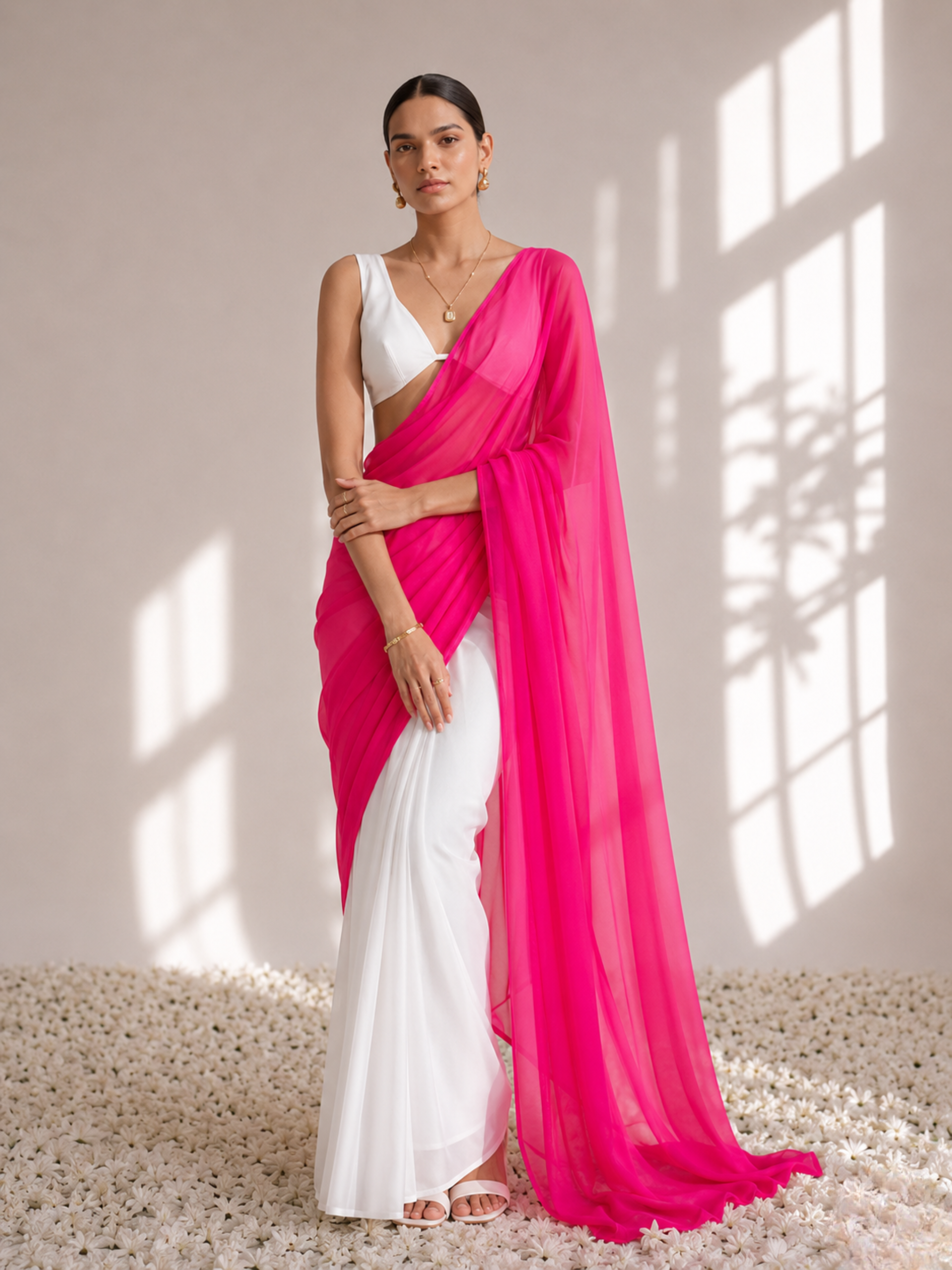 White and Neon Pink Saree with Blouse Fabric