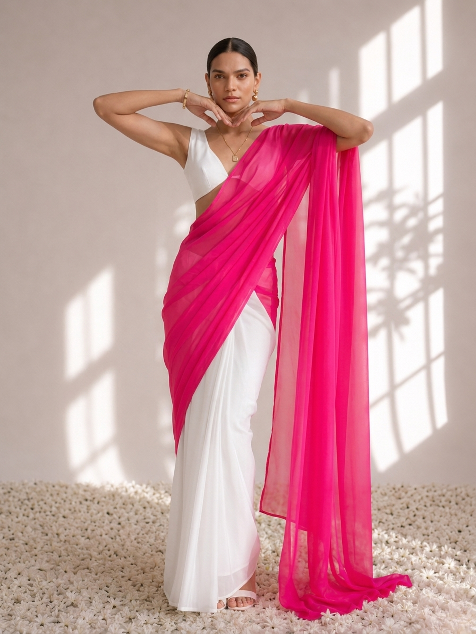 White and Neon Pink Saree with Blouse Fabric