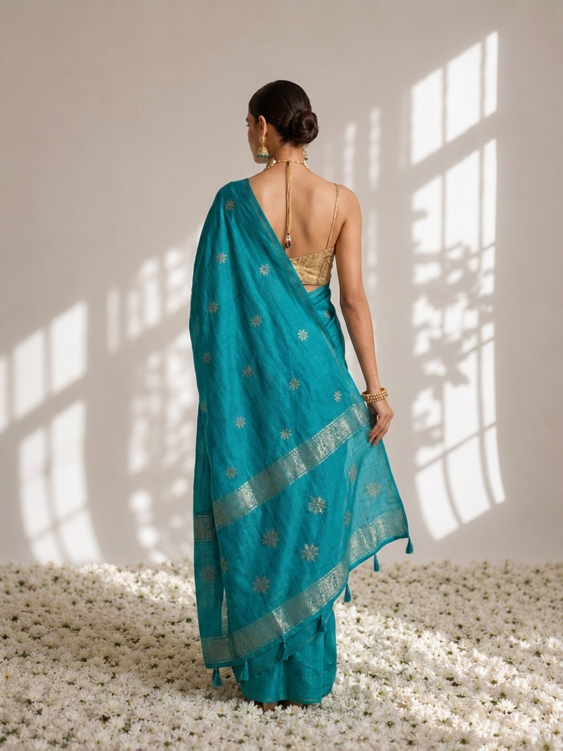Malachite Green Soft Silk Blend Bhagalpur Saree with Self Blouse Fabric
