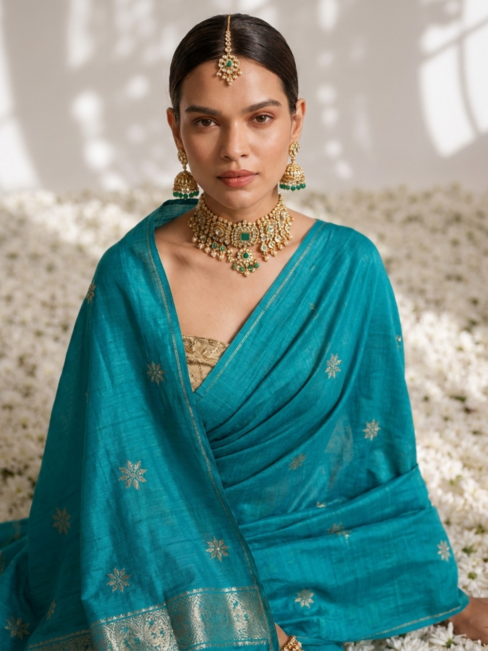 Malachite Green Soft Silk Blend Bhagalpur Saree with Self Blouse Fabric