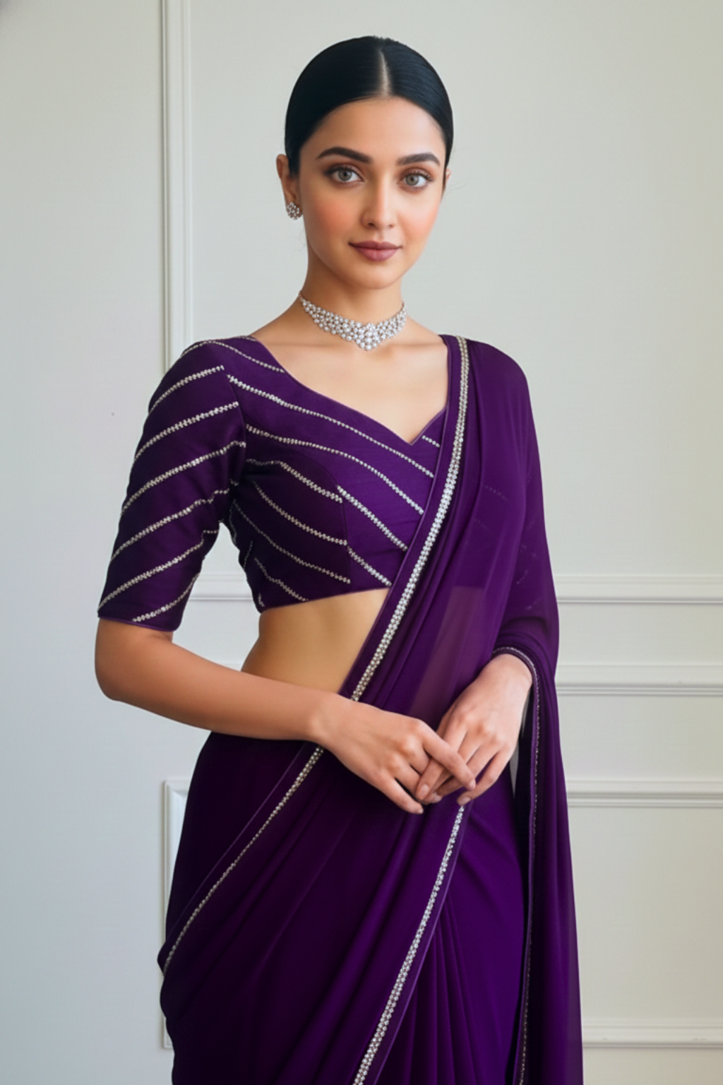 Purple Sequin Stripe Blouse – Free-Size Adjustable 32–40 inches | Partywear Ready-to-Wear Blouse
