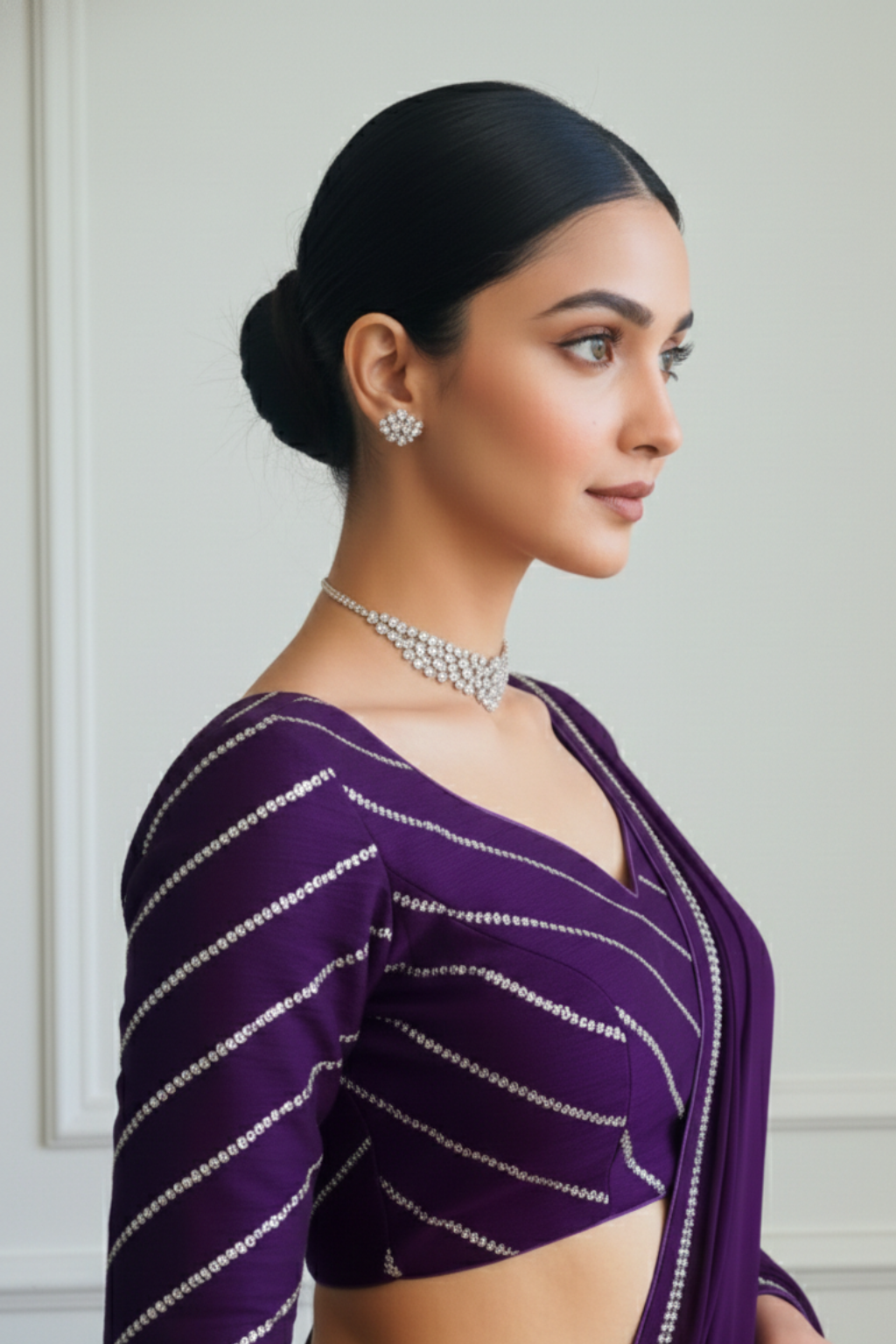 Purple Sequin Stripe Blouse – Free-Size Adjustable 32–40 inches | Partywear Ready-to-Wear Blouse