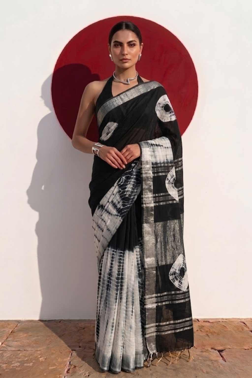Black and White Hand Tie Dye Soft Cotton Saree