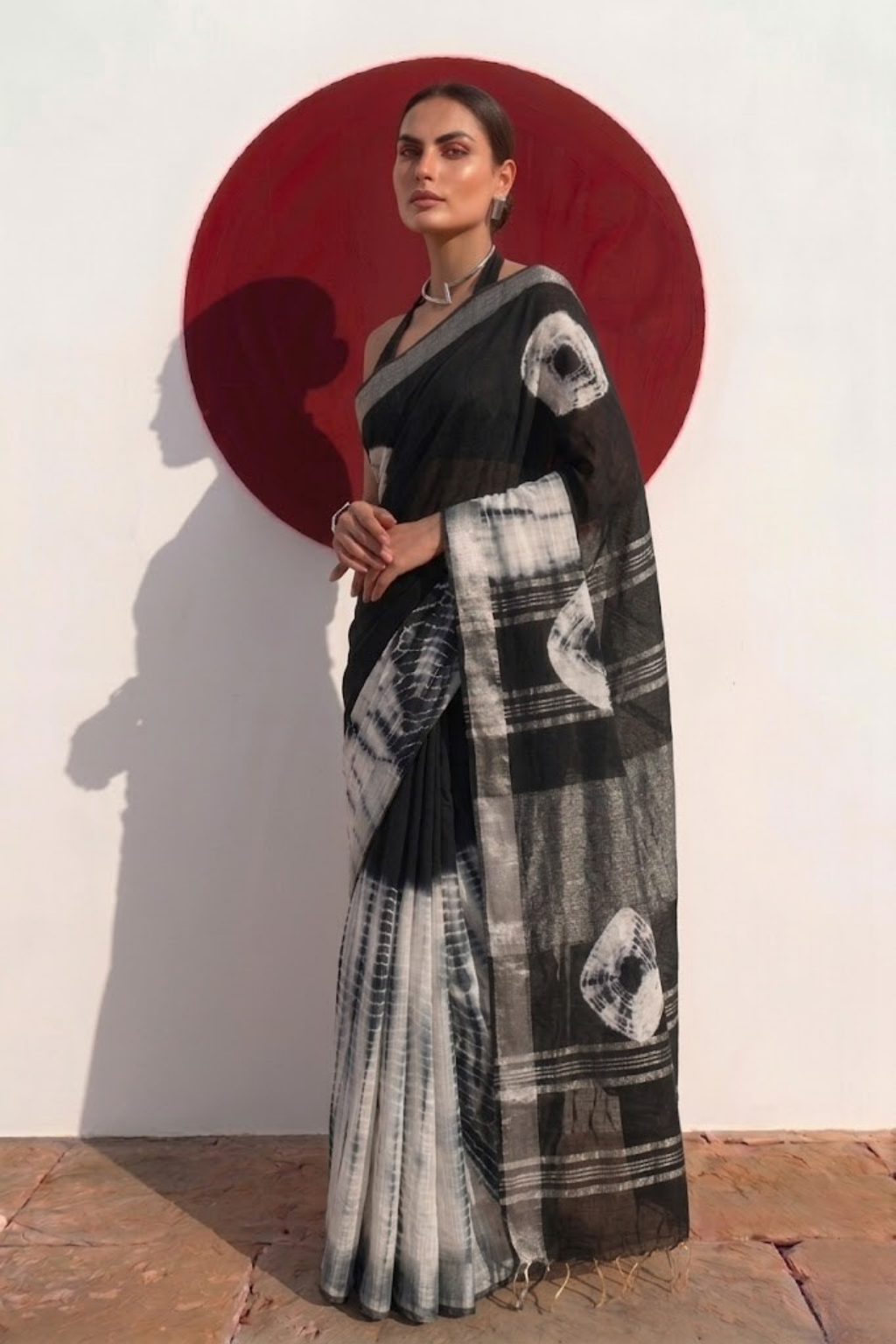 Black and White Hand Tie Dye Soft Cotton Saree