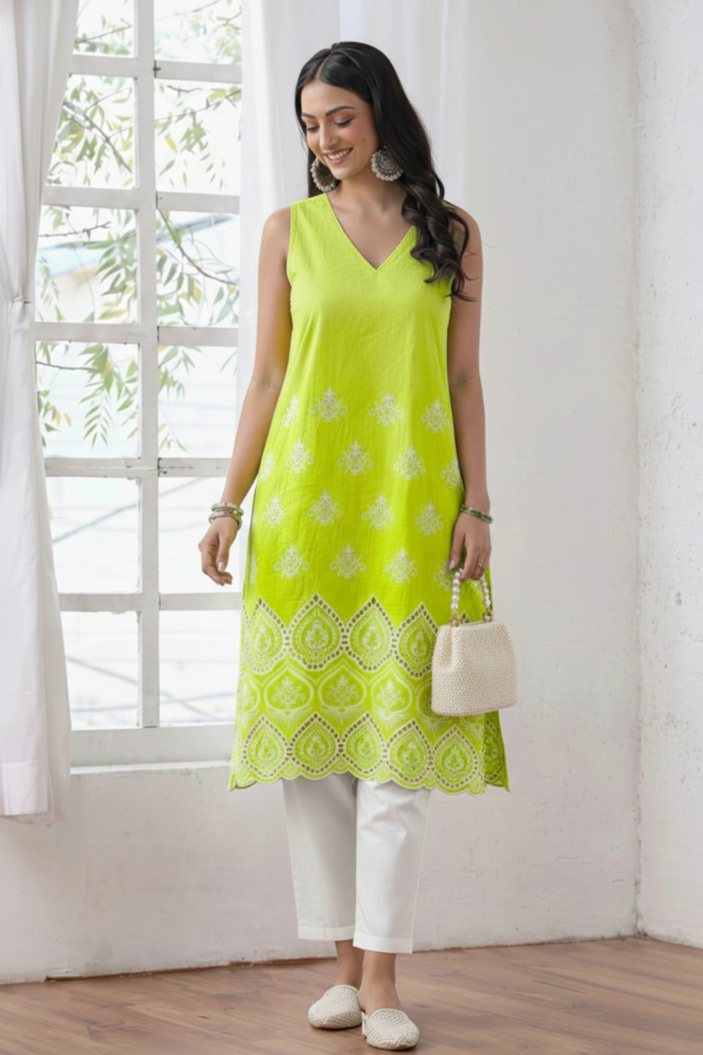 2 Pc Set - Sinful Green Cotton Allover Embroidered Schffli Sleeveless Kurta with Pants