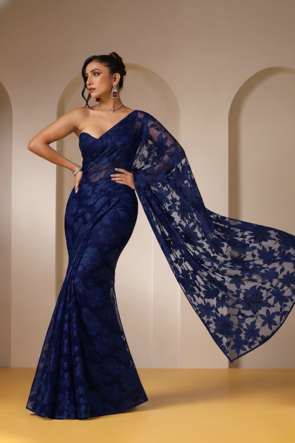 Navy Blue Leaf Lace Saree with plain Blouse Fabric