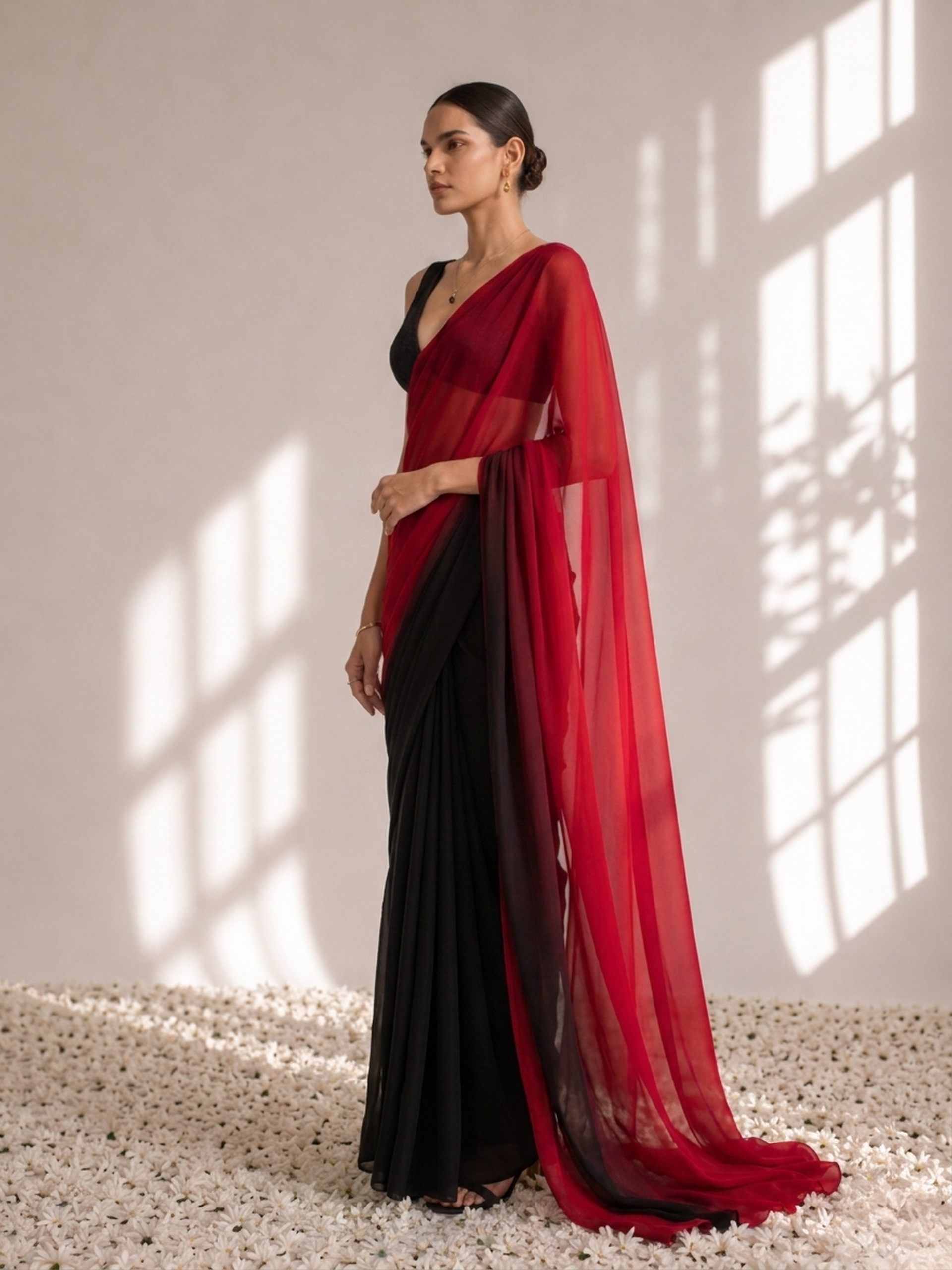 Black and Red Georgette Triangle Saree with Blouse Fabric