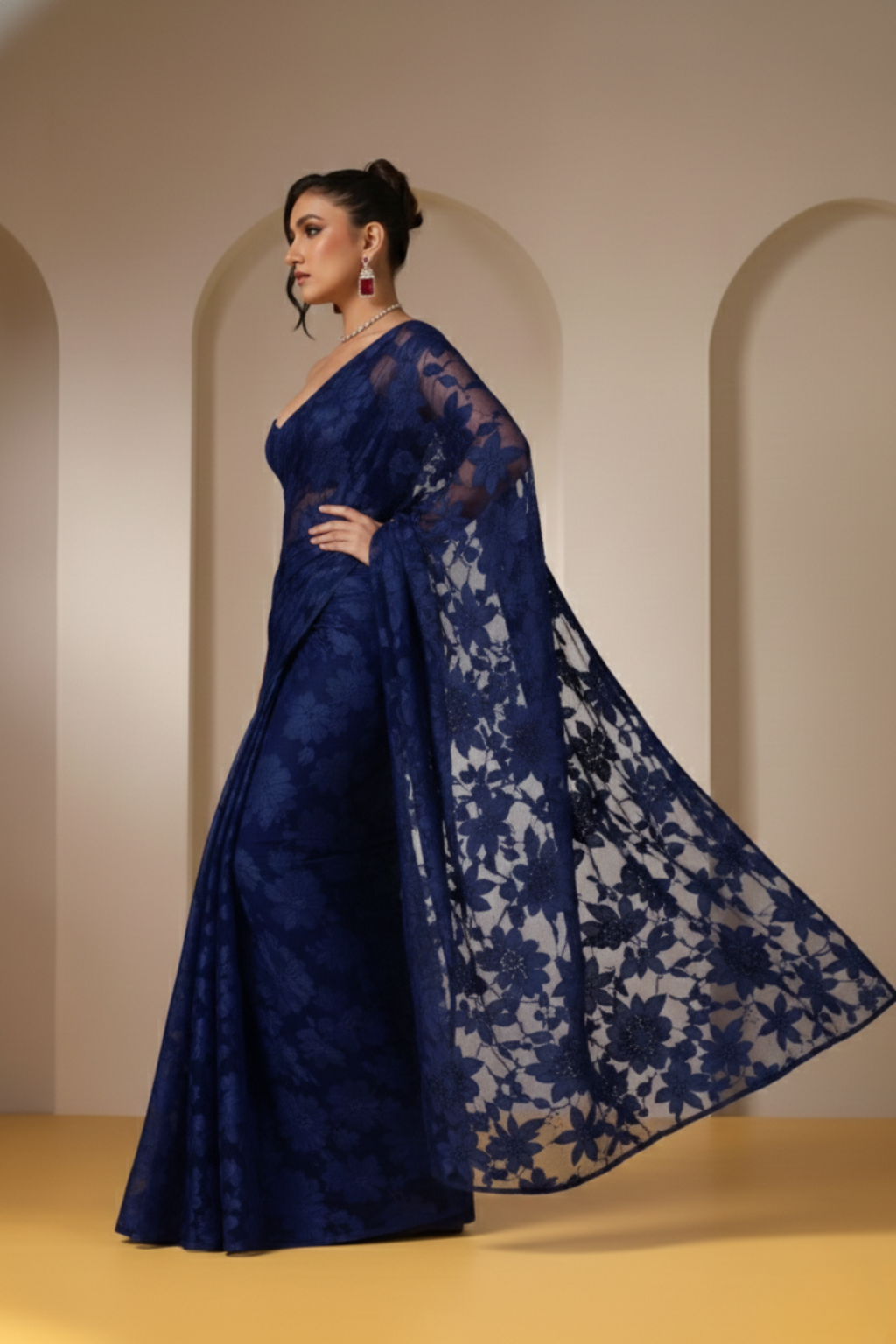 Navy Blue Leaf Lace Saree with plain Blouse Fabric