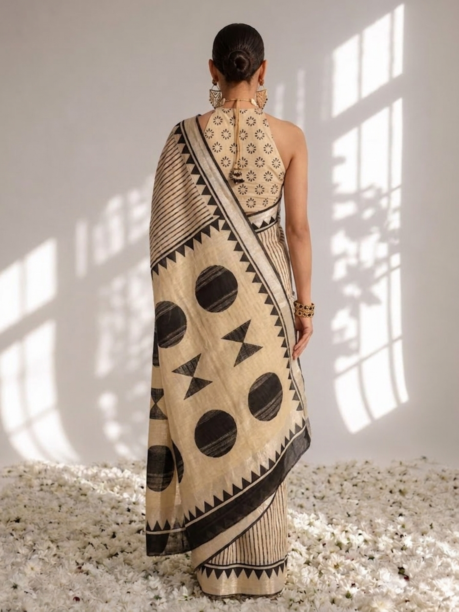 Cream and Black Stripe Hand Block Printed Cotton Saree with Blouse Fabric