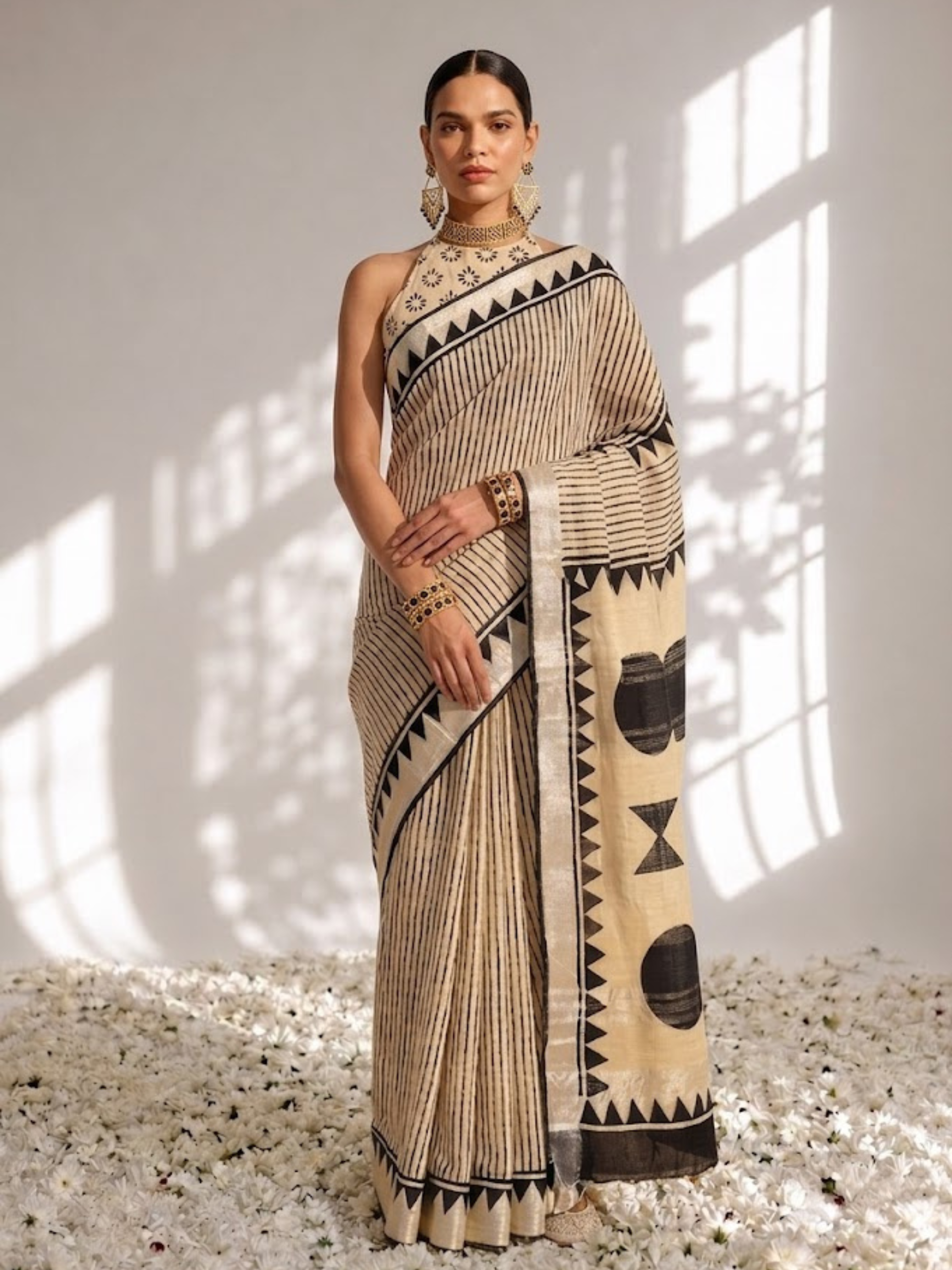 Cream and Black Stripe Hand Block Printed Cotton Saree with Blouse Fabric