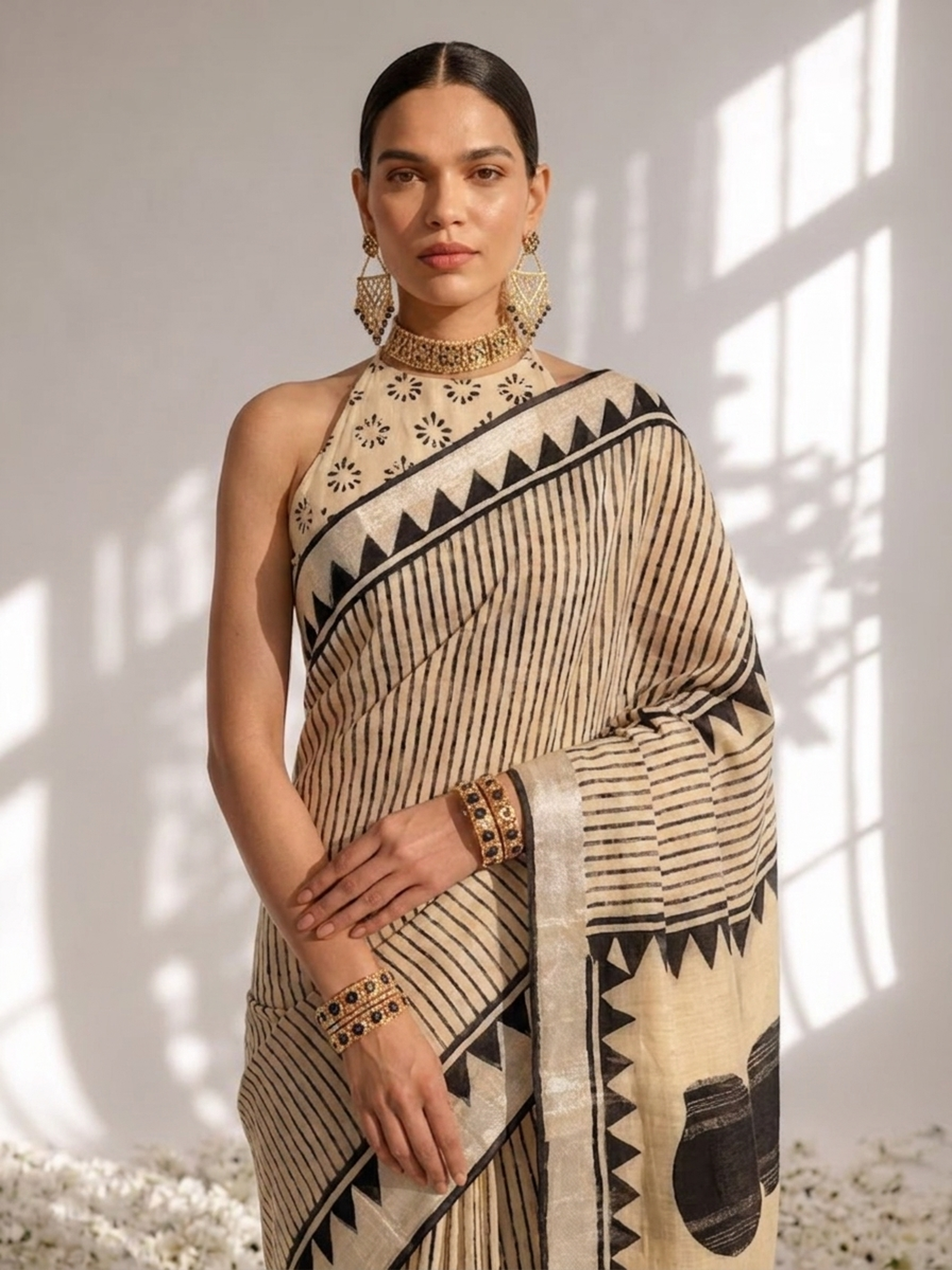 Cream and Black Stripe Hand Block Printed Cotton Saree with Blouse Fabric