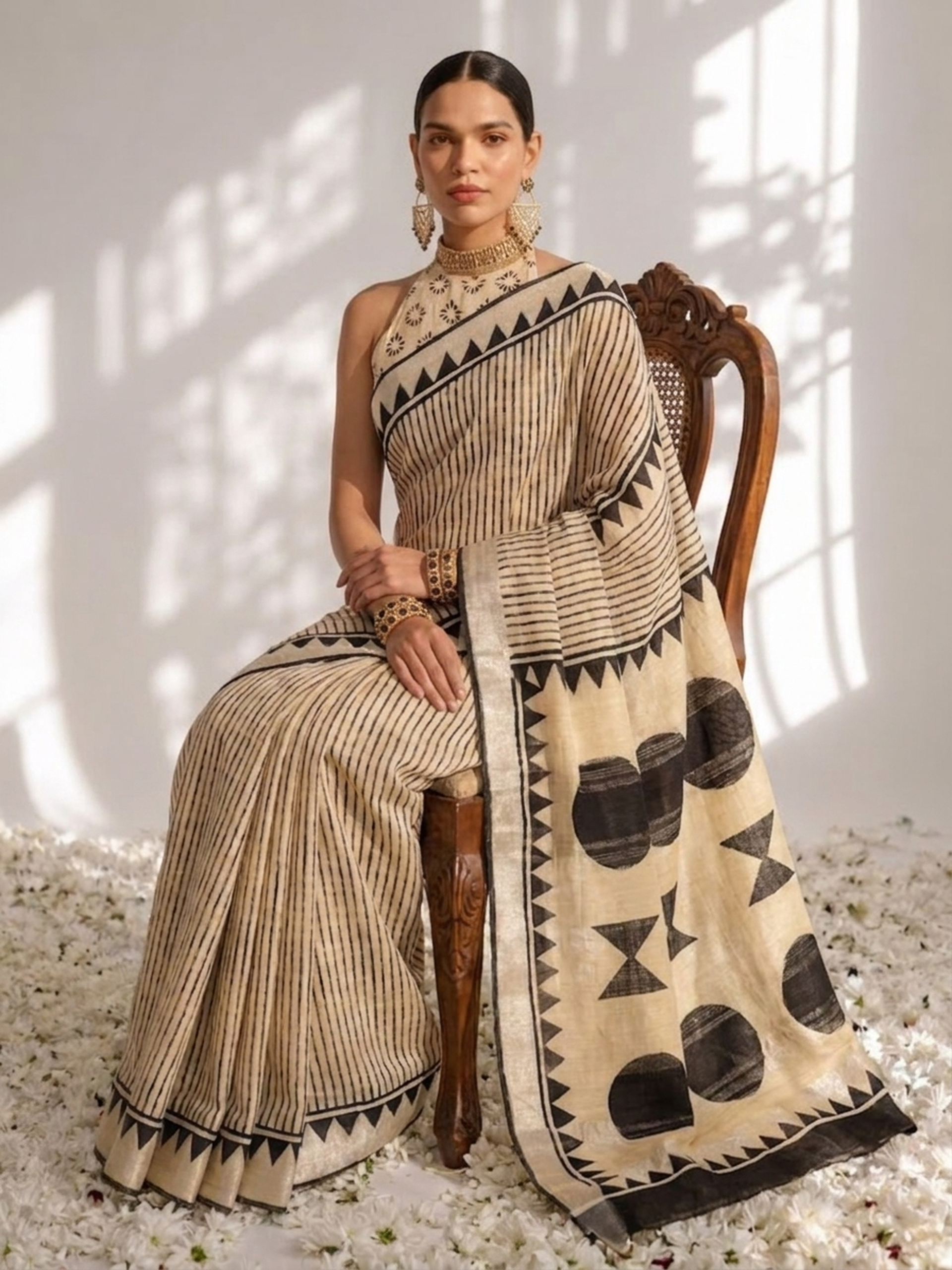 Cream and Black Stripe Hand Block Printed Cotton Saree with Blouse Fabric