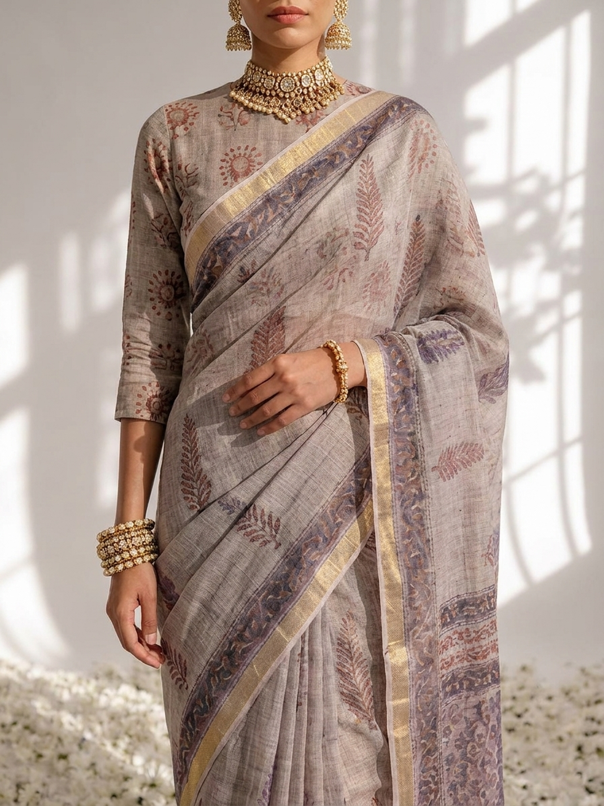 Lilac Pure Silk Kota Printed Saree with Blouse Fabric
