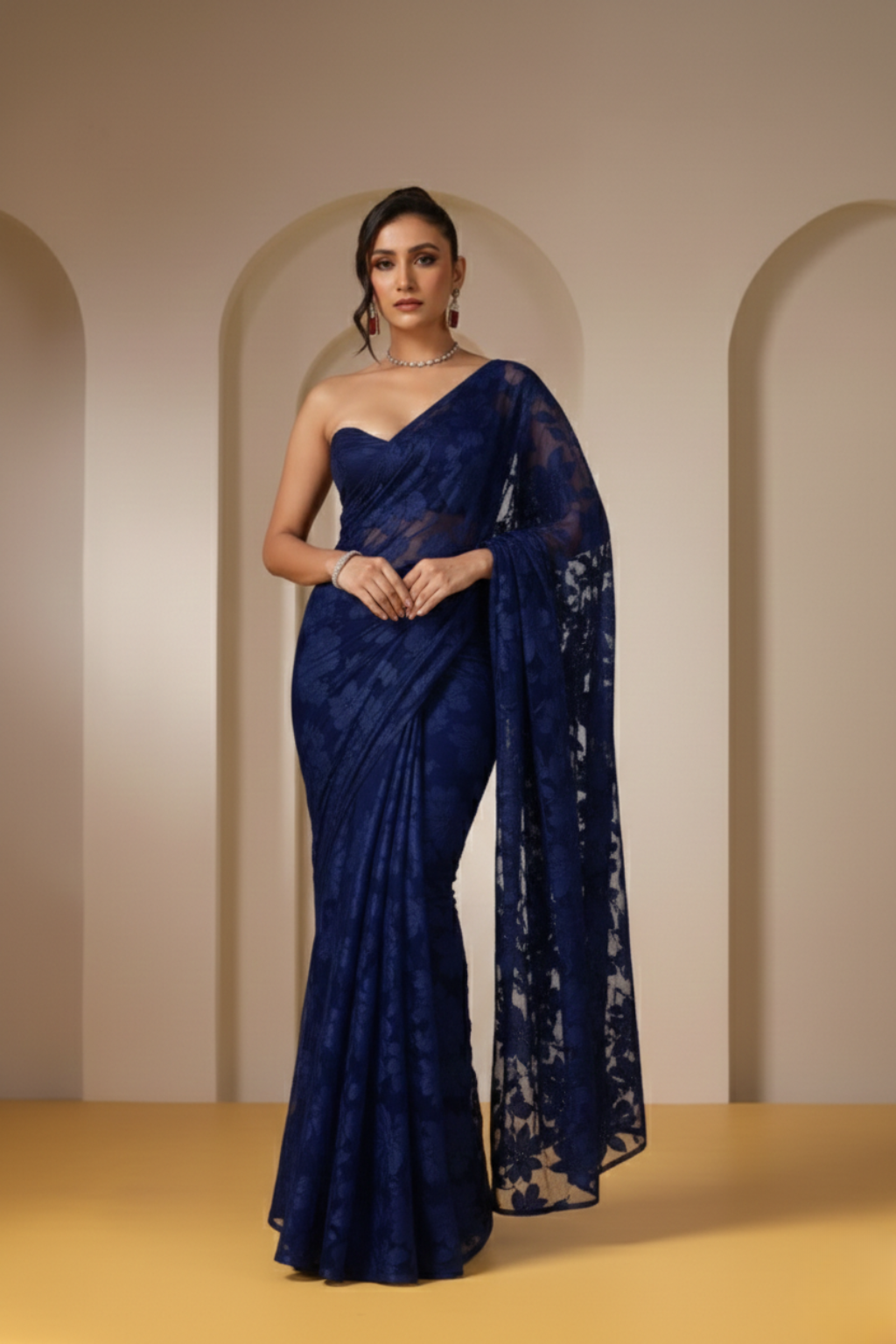 Navy Blue Leaf Lace Saree with plain Blouse Fabric