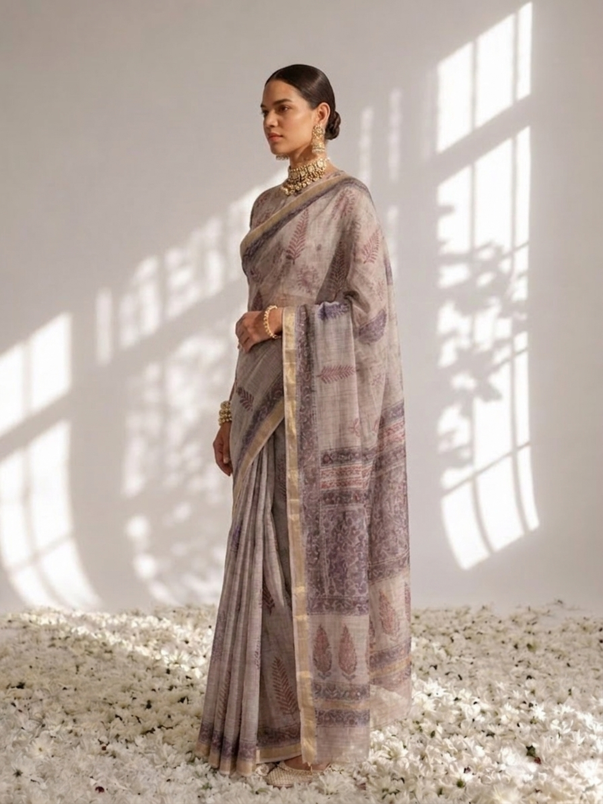 Lilac Pure Silk Kota Printed Saree with Blouse Fabric