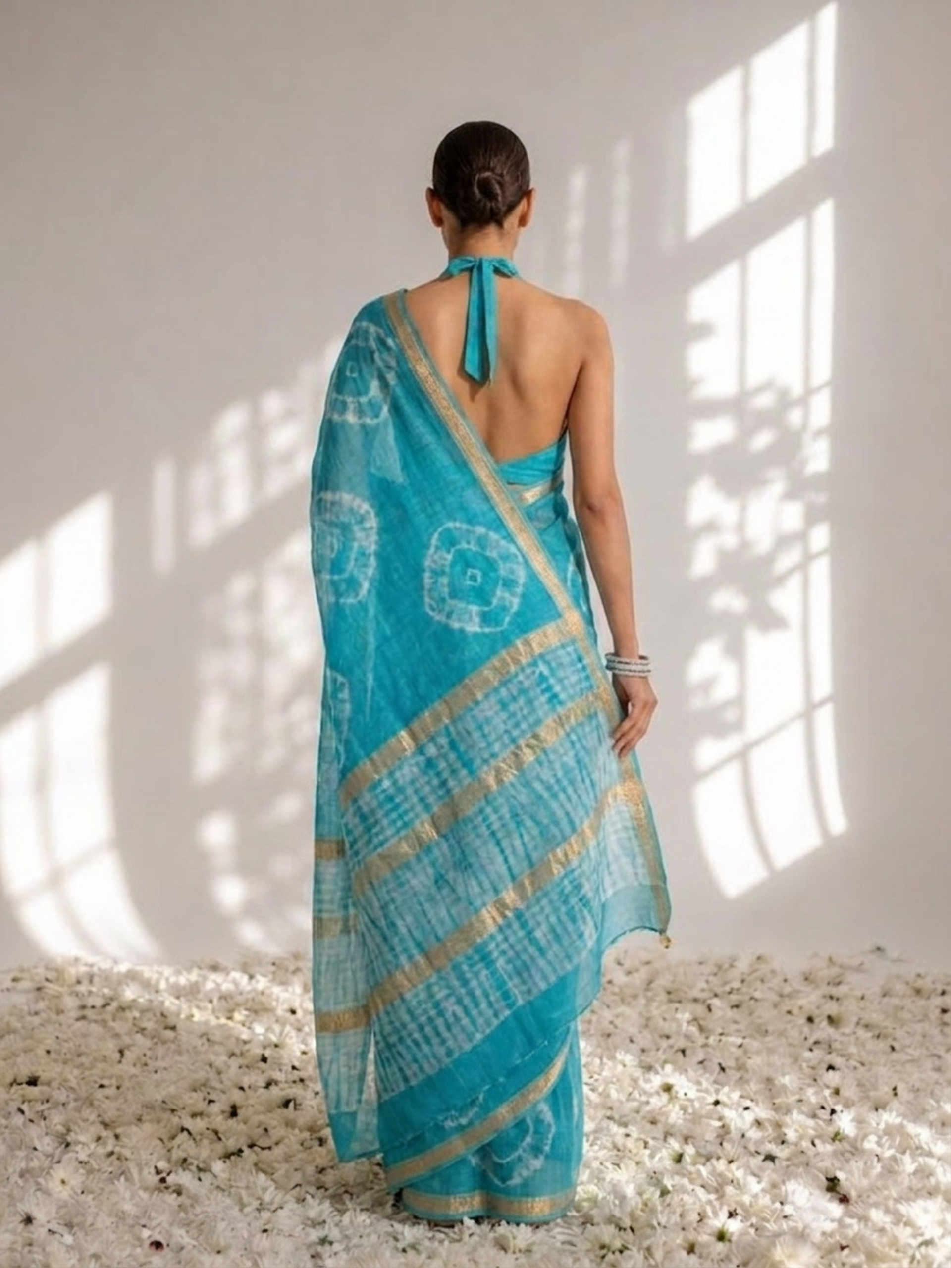 Turquoise linen cotton saree with blouse fabric — view 5