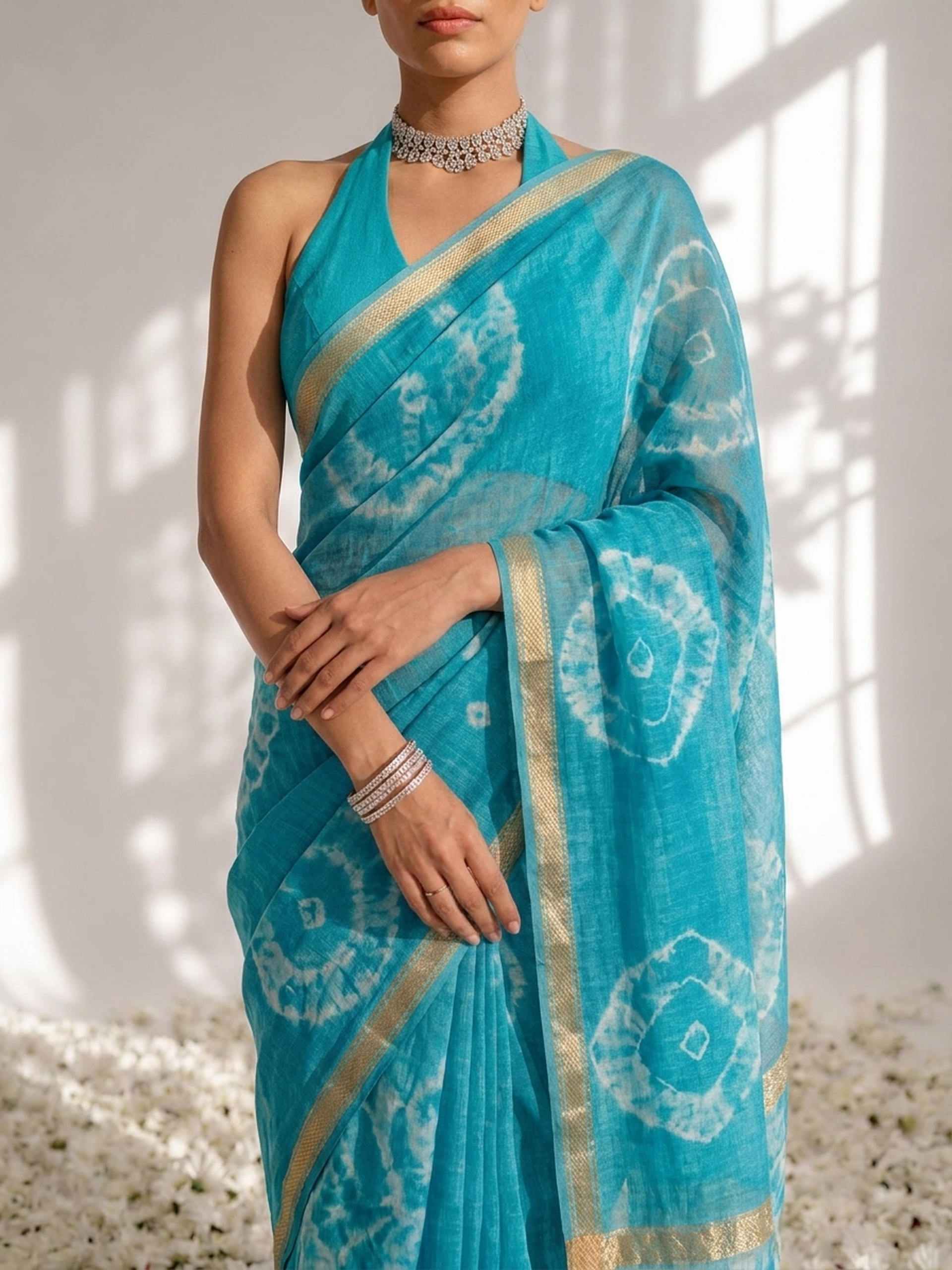 Turquoise linen cotton saree with blouse fabric — view 4