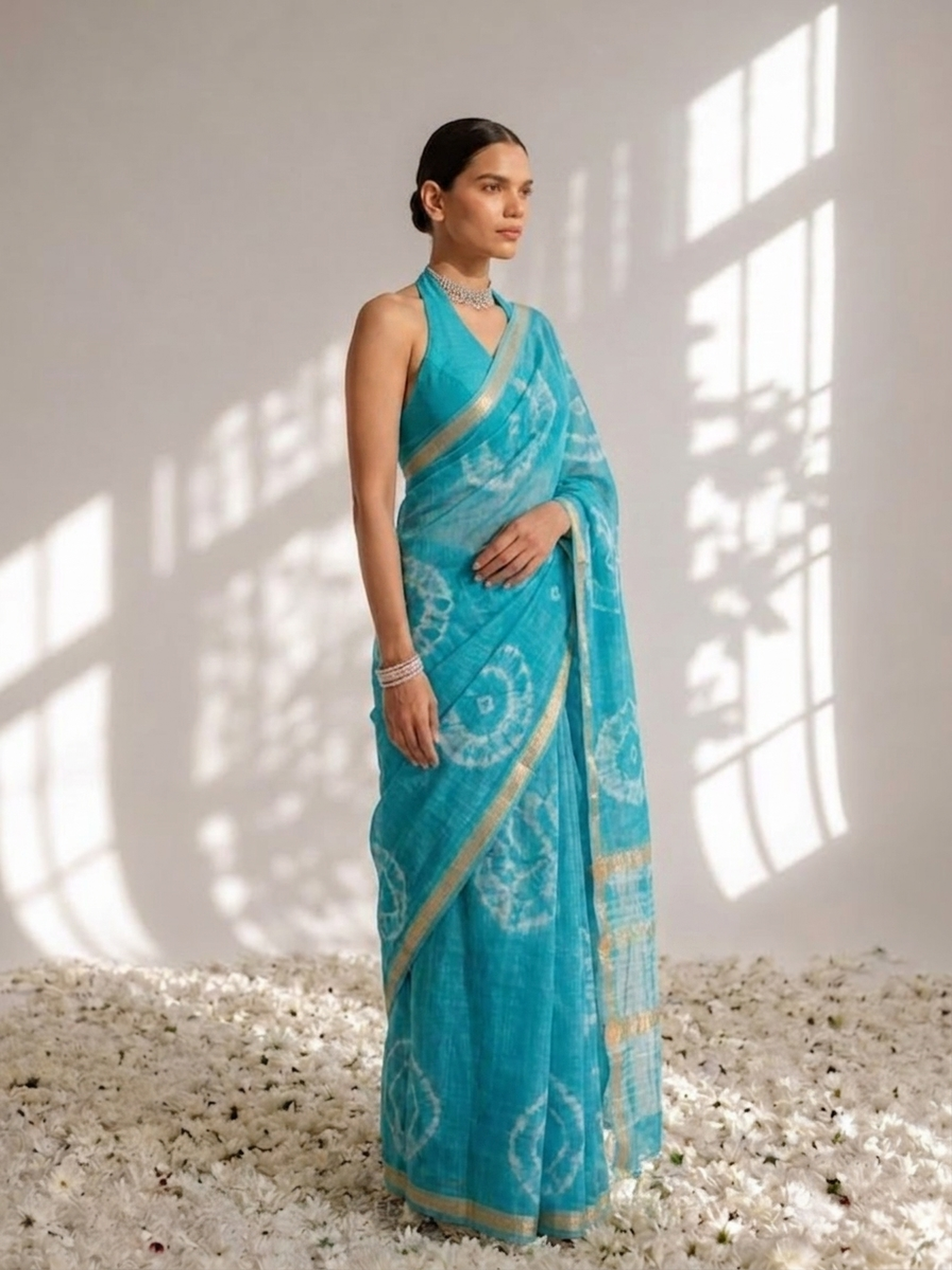 Turquoise linen cotton saree with blouse fabric — view 3