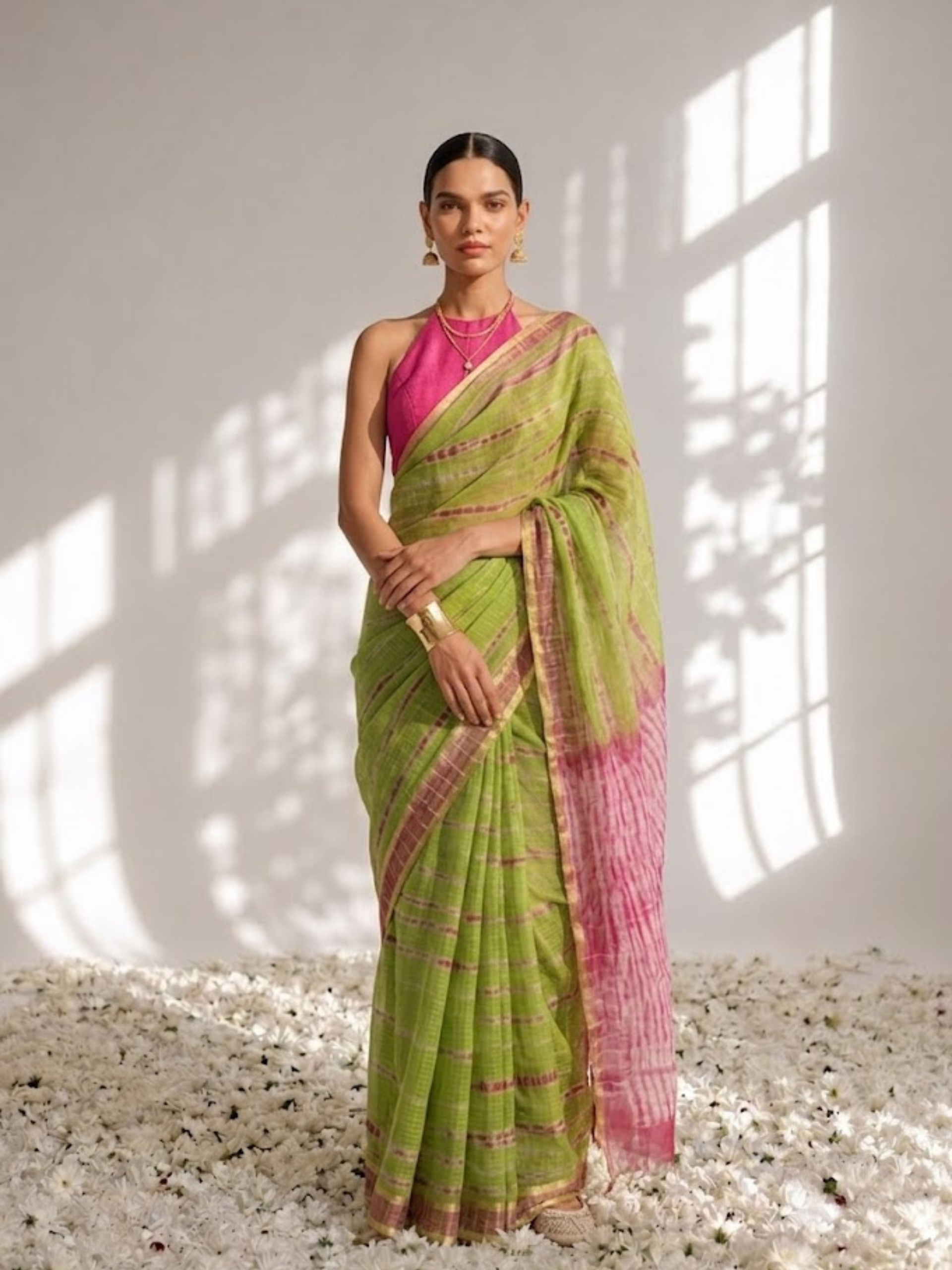 Green and Pink Pure Silk Kota Tie Dye Saree with Blouse Fabric