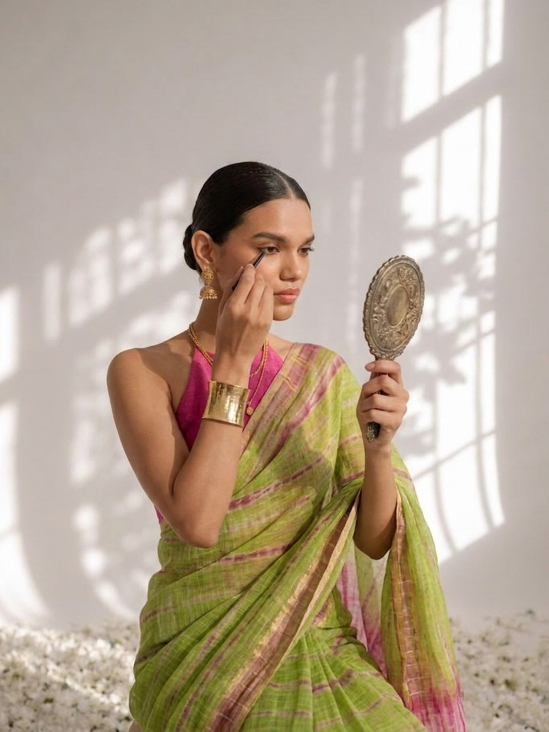 Green and Pink Pure Silk Kota Tie Dye Saree with Blouse Fabric
