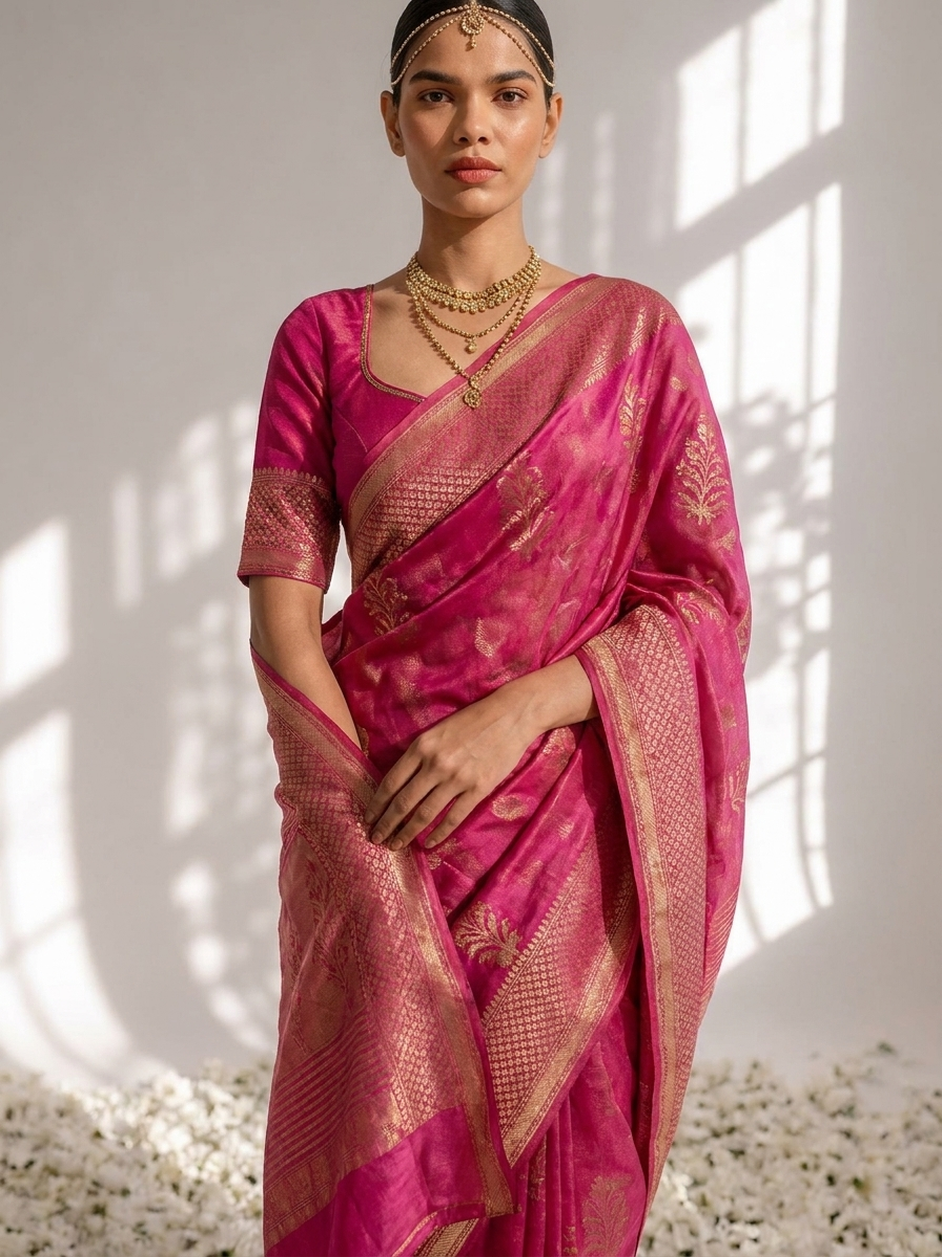 Fuchsia Pure Silk Kota Printed Saree with Blouse Fabric