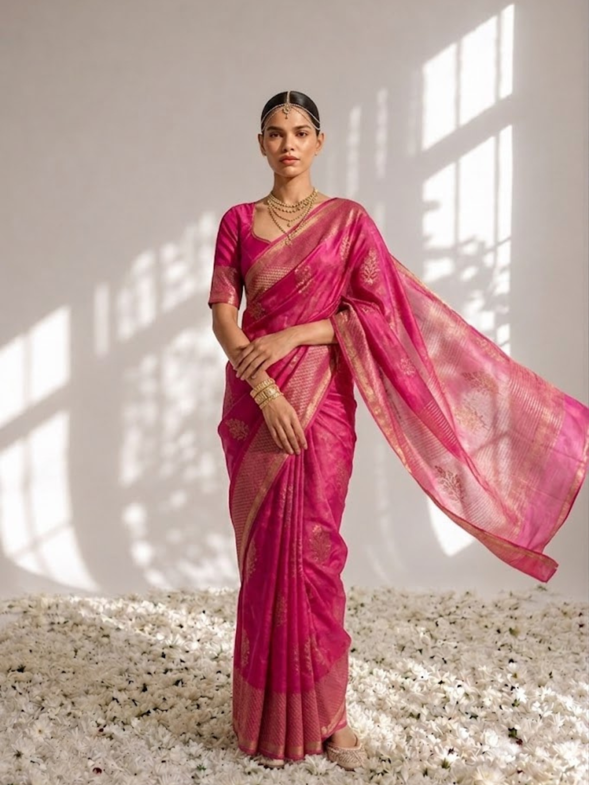 Fuchsia Pure Silk Kota Printed Saree with Blouse Fabric