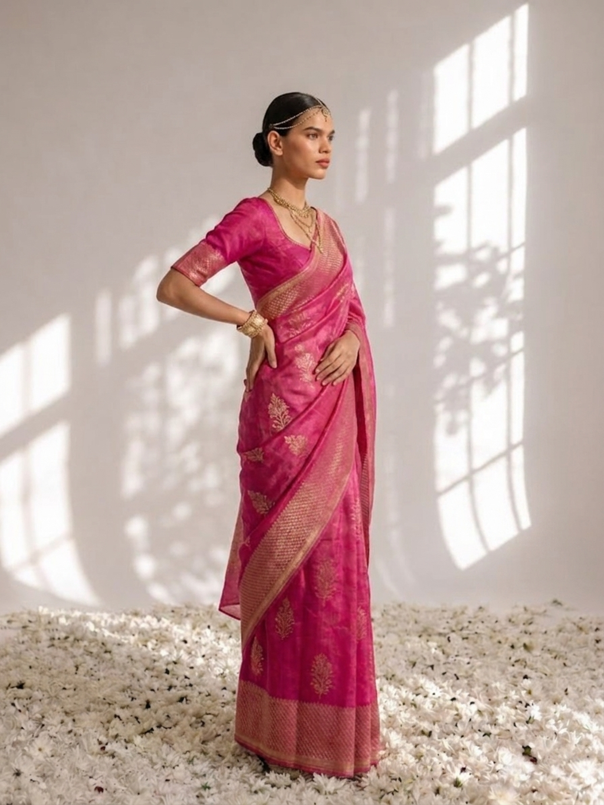 Fuchsia Pure Silk Kota Printed Saree with Blouse Fabric