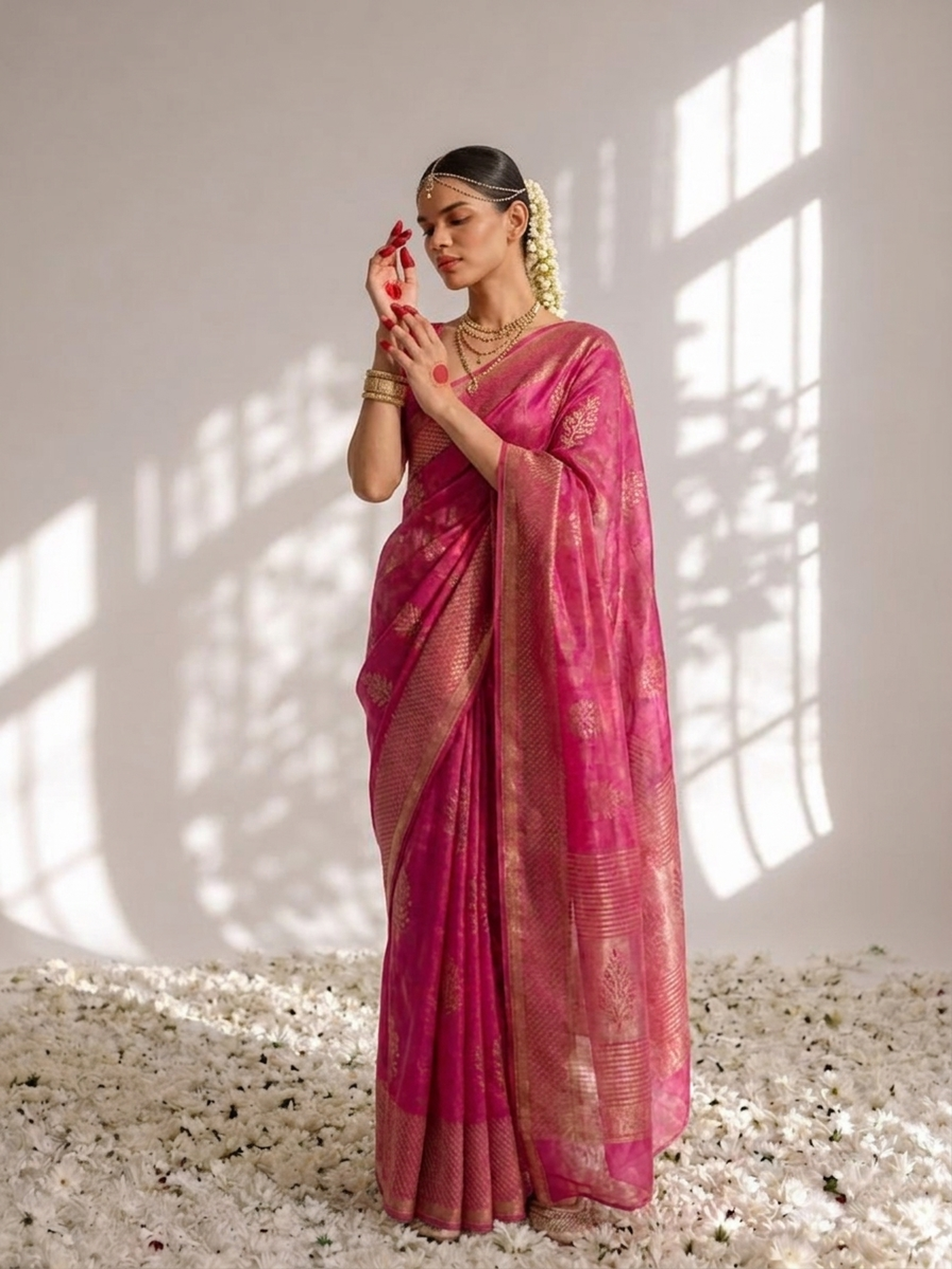 Fuchsia Pure Silk Kota Printed Saree with Blouse Fabric