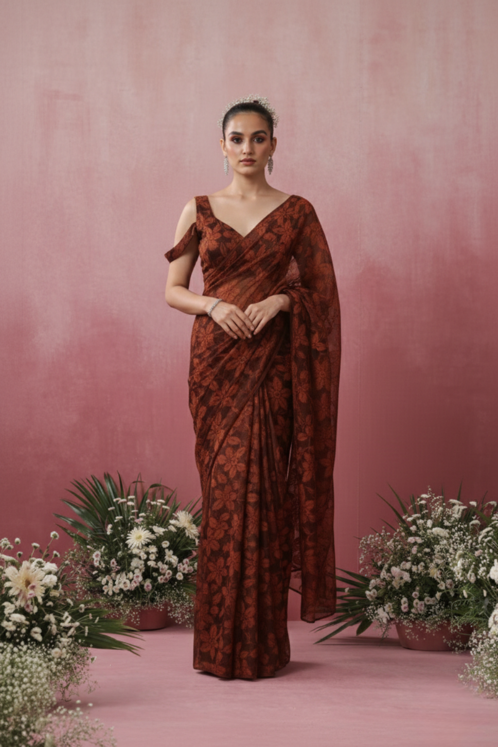Chocolate Leaf Lace Saree with plain Blouse Fabric