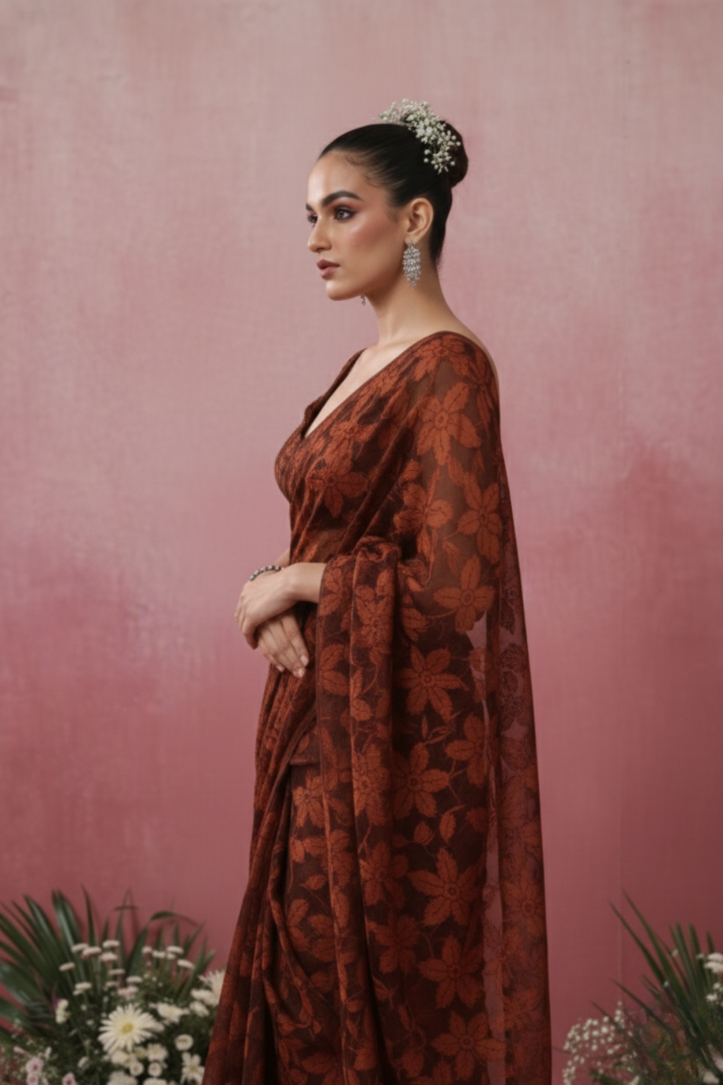 Chocolate Leaf Lace Saree with plain Blouse Fabric