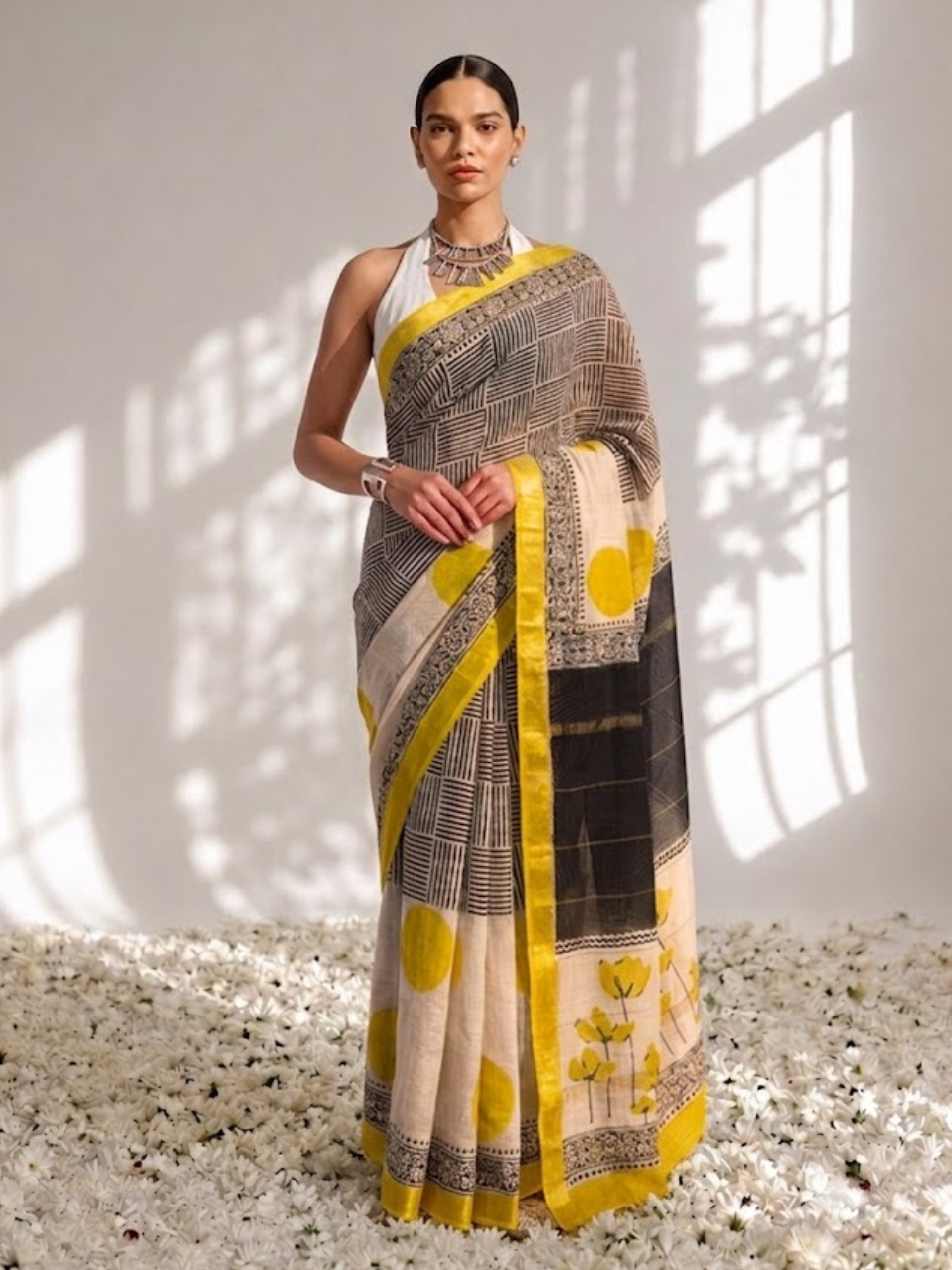 Maheshwari Silk Hand Block Black Yellow Printed Saree with Blouse Fabric