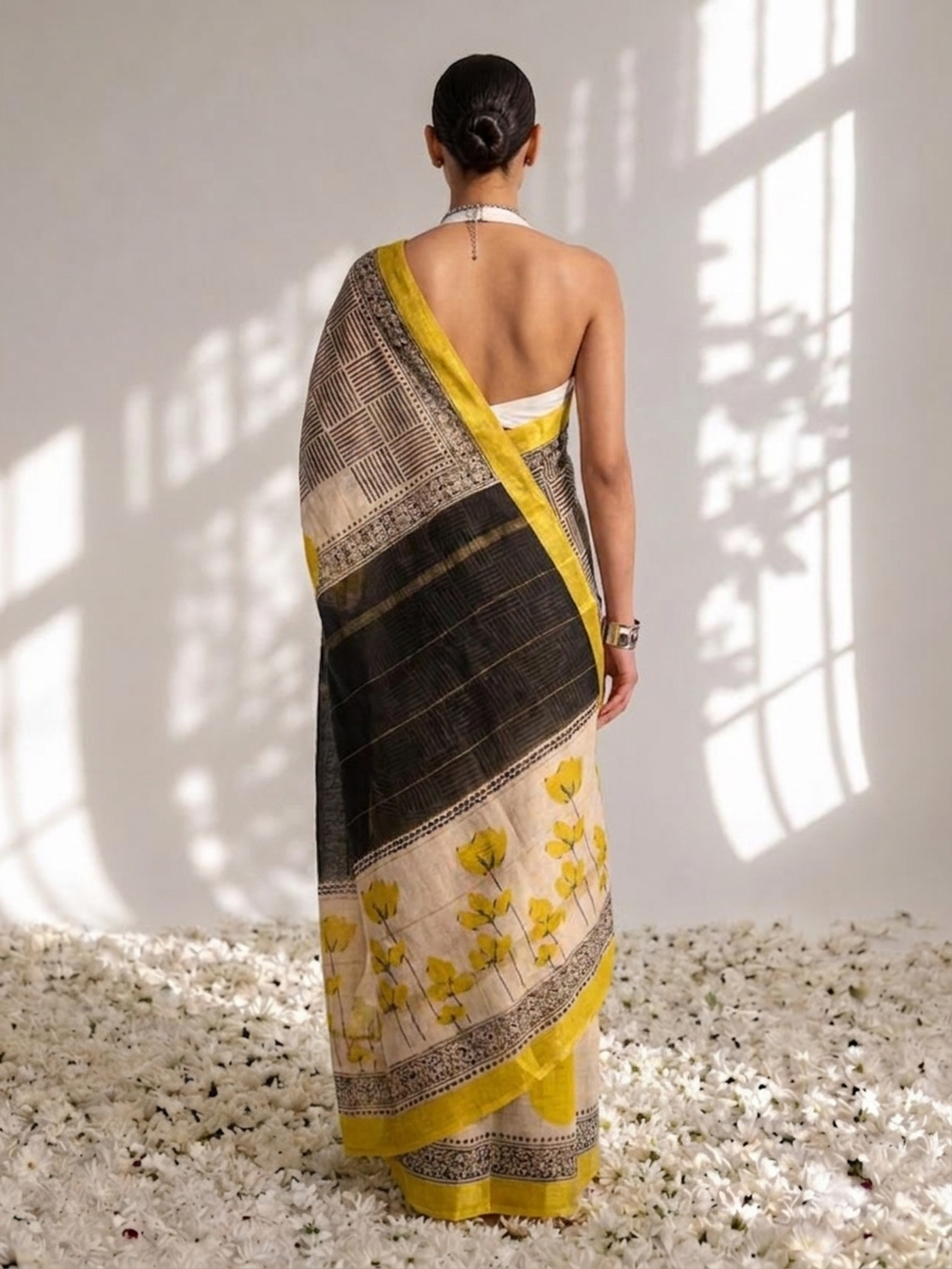 Maheshwari Silk Hand Block Black Yellow Printed Saree with Blouse Fabric