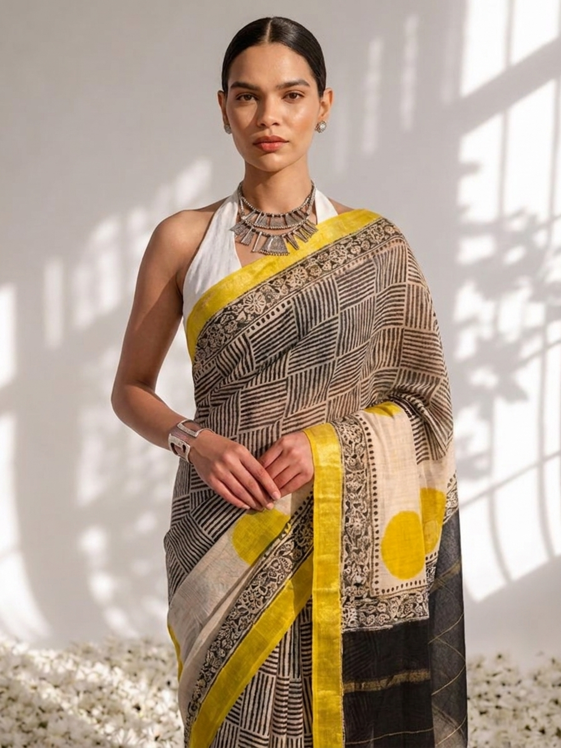 Maheshwari Silk Hand Block Black Yellow Printed Saree with Blouse Fabric