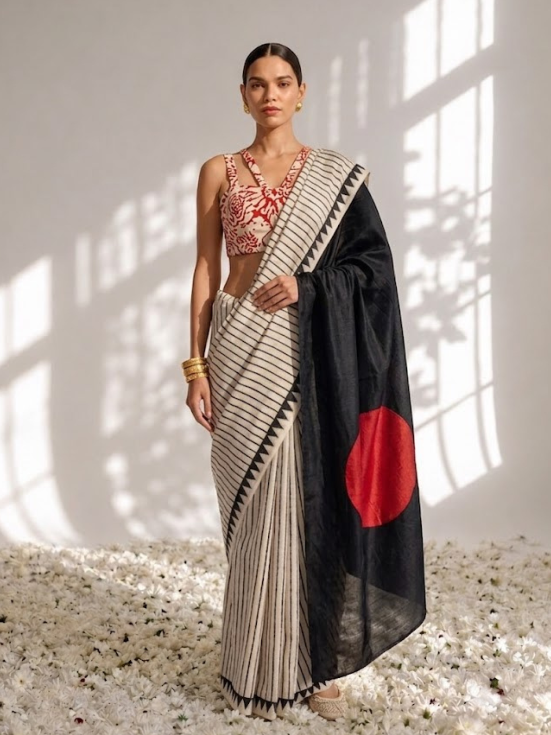 Modal Silk black white Stripe Hand Block Printed Saree with Red dot pallu and Blouse Fabric