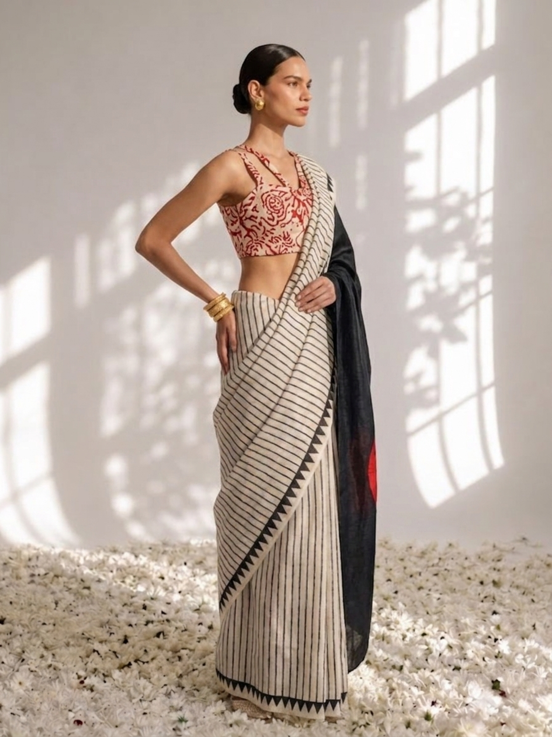 Modal Silk black white Stripe Hand Block Printed Saree with Red dot pallu and Blouse Fabric