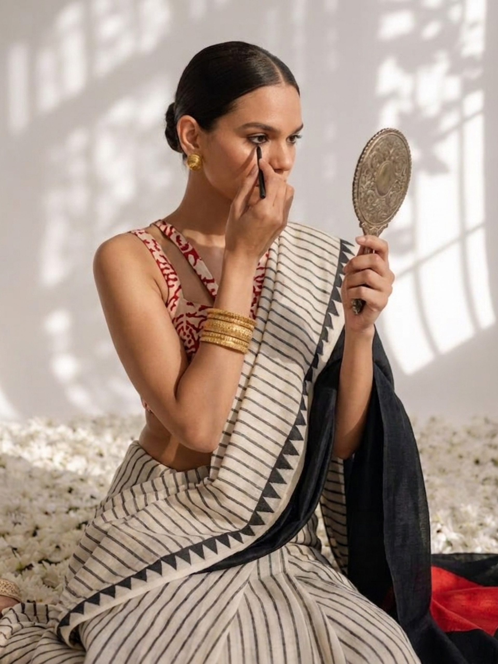 Modal Silk black white Stripe Hand Block Printed Saree with Red dot pallu and Blouse Fabric