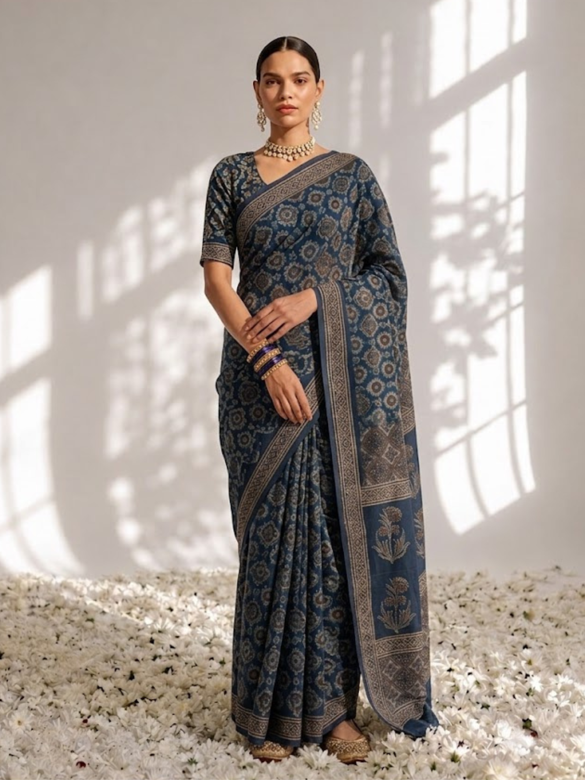 Modal Silk blue Printed Hand Block Printed Saree with Blouse Fabric