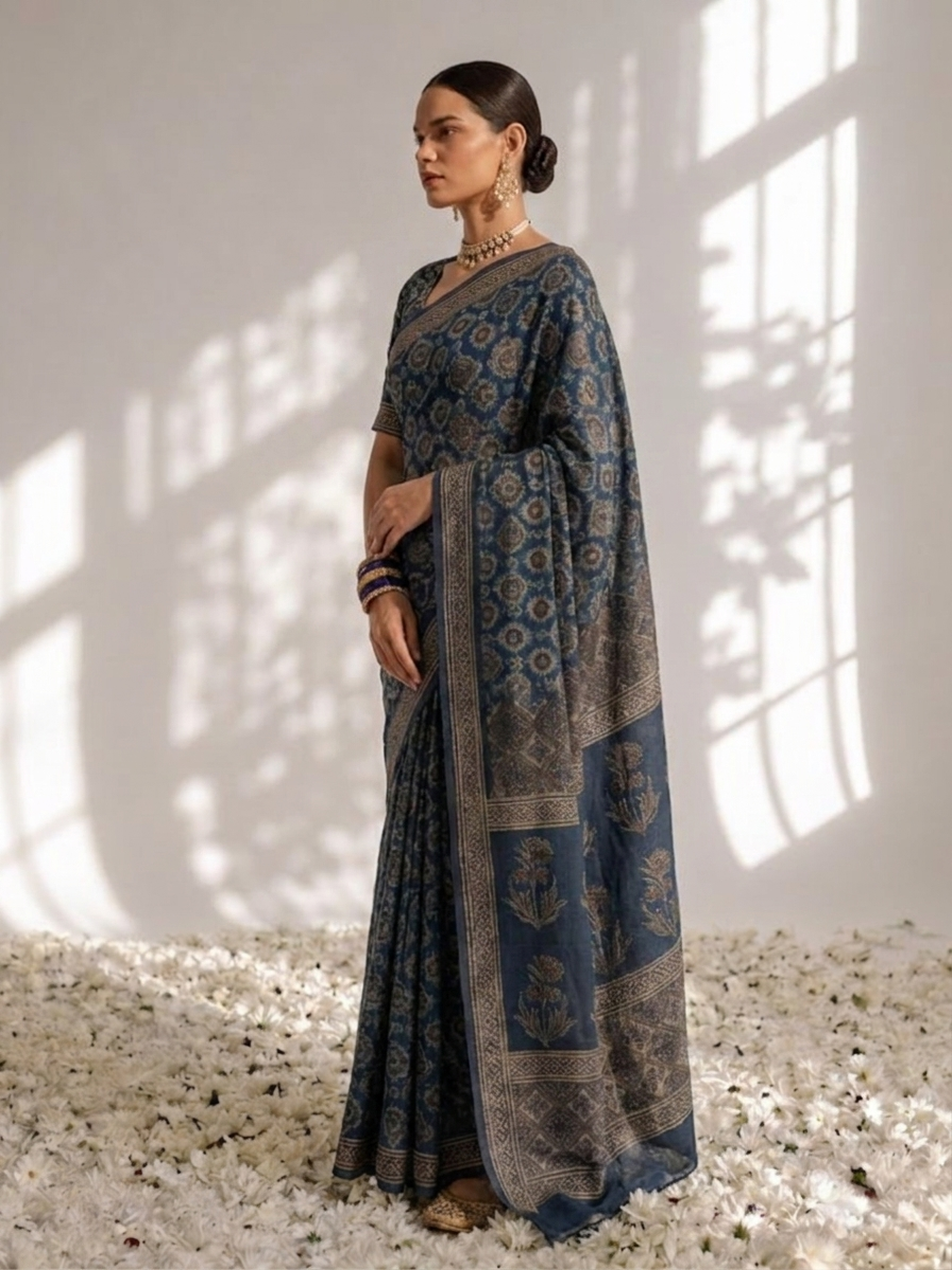 Modal Silk blue Printed Hand Block Printed Saree with Blouse Fabric