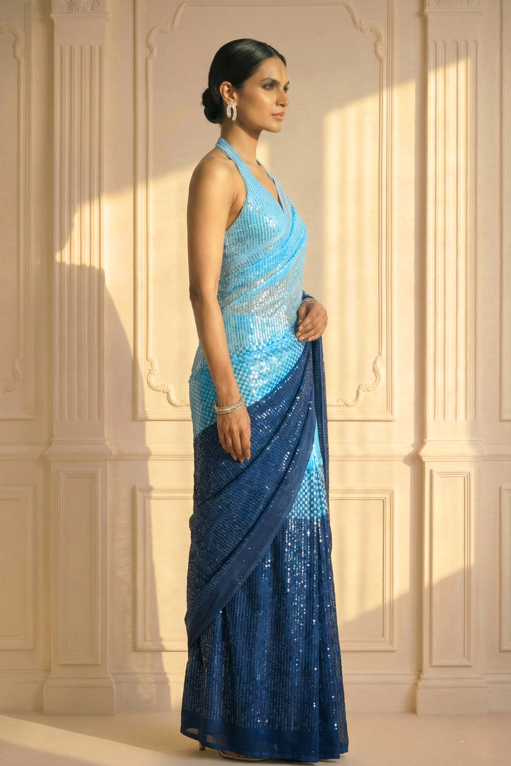 Allure Blue Ombre' Knitted Sequin Saree with Blouse Fabric
