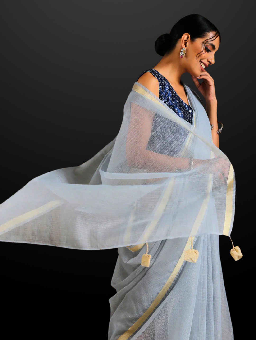 Smoke Kota Doria Saree with Border & Tassles