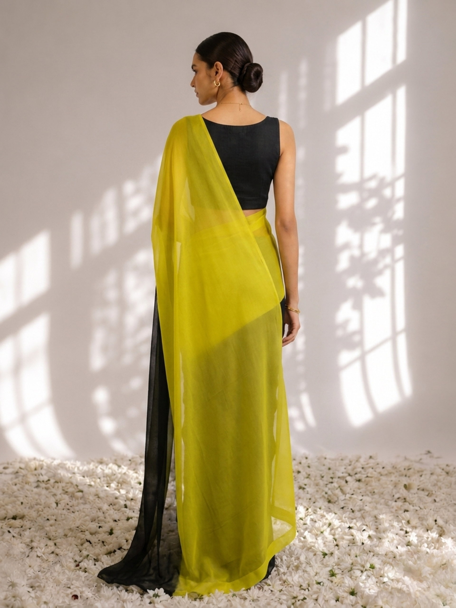 Black and Yellow Georgette Triangle Saree with Blouse Fabric