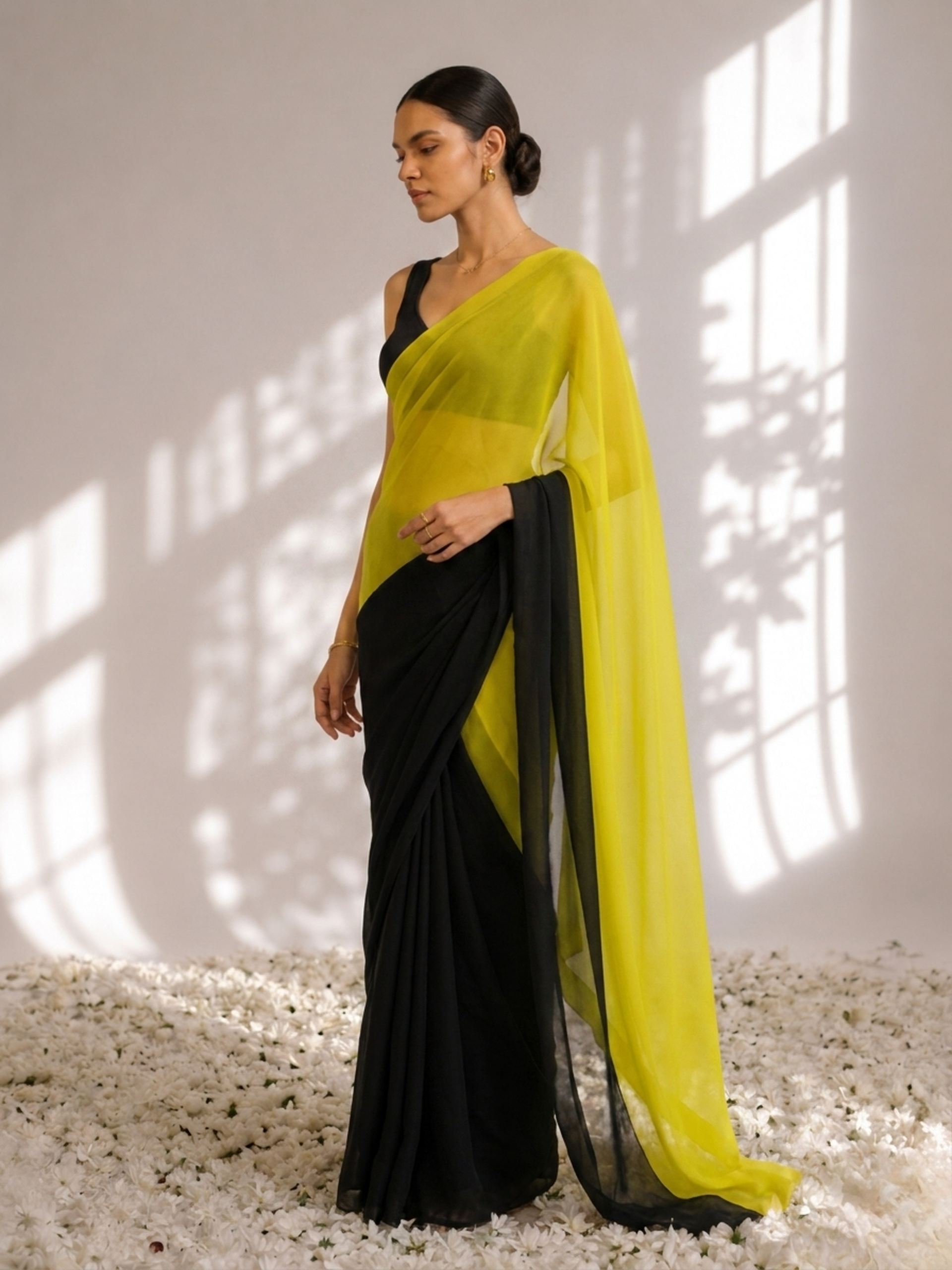 Black and Yellow Georgette Triangle Saree with Blouse Fabric