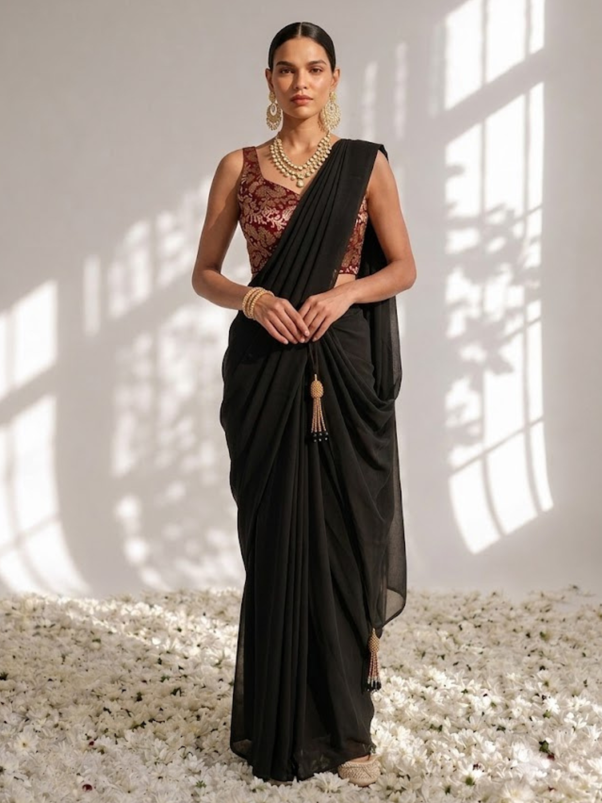 With Stitched Blouse - Maroon Brocade Blouse with Black Chiffon Saree (Blouse has sleeve attached)