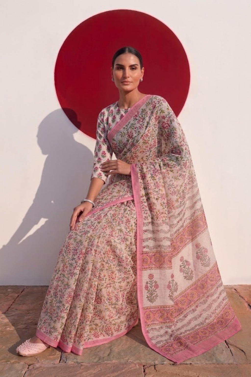 Pink Pure Silk Chiffon Printed Saree with Blouse Fabric