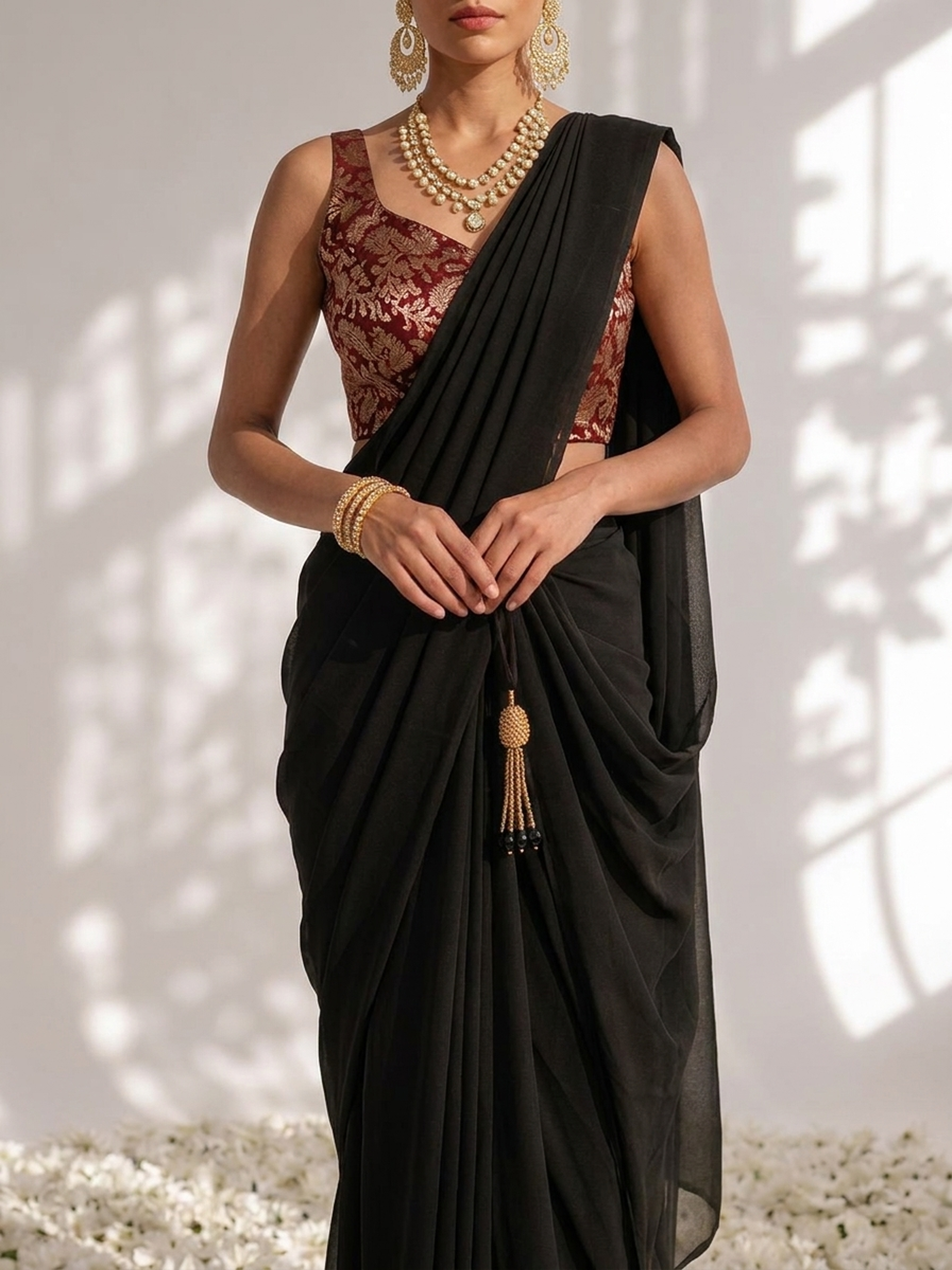 With Stitched Blouse - Maroon Brocade Blouse with Black Chiffon Saree (Blouse has sleeve attached)
