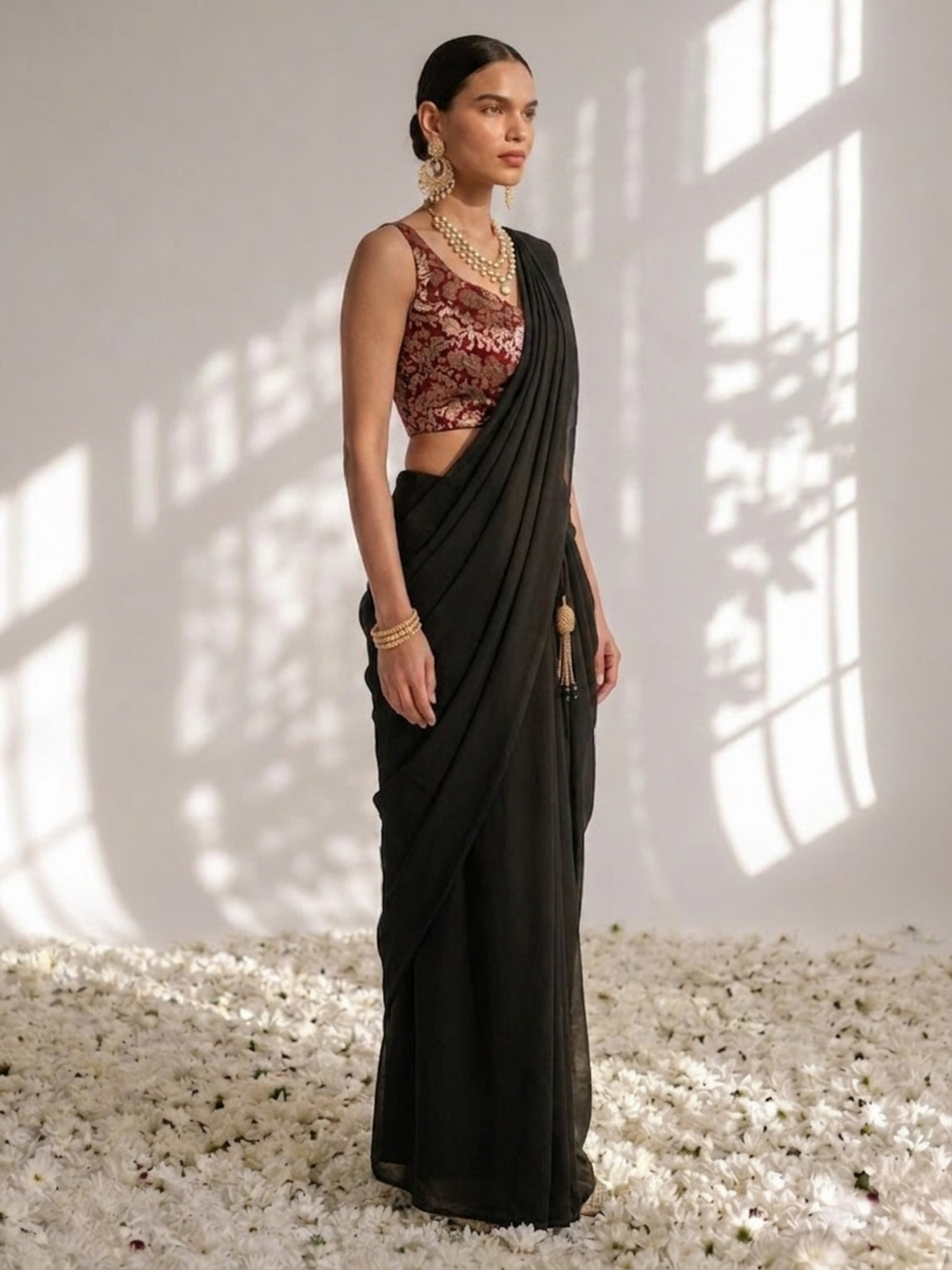 With Stitched Blouse - Maroon Brocade Blouse with Black Chiffon Saree (Blouse has sleeve attached)