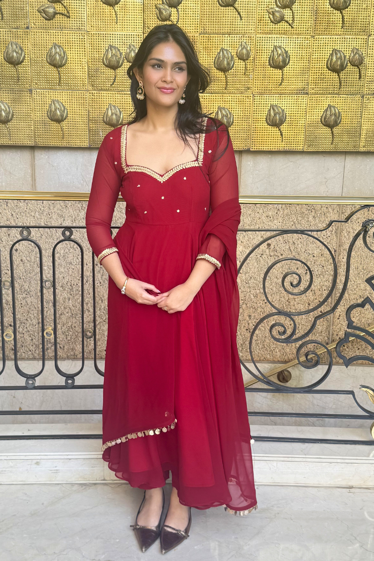 3 pc Suit Set -Maroon Embroidered Georgette Anarkali 3/4th Sleeve Suit with Pants and Dupatta